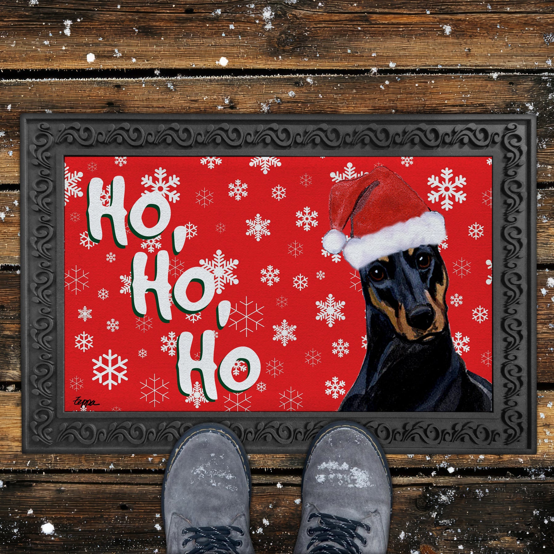 Doberman Ho Ho Ho Door Mat in Red