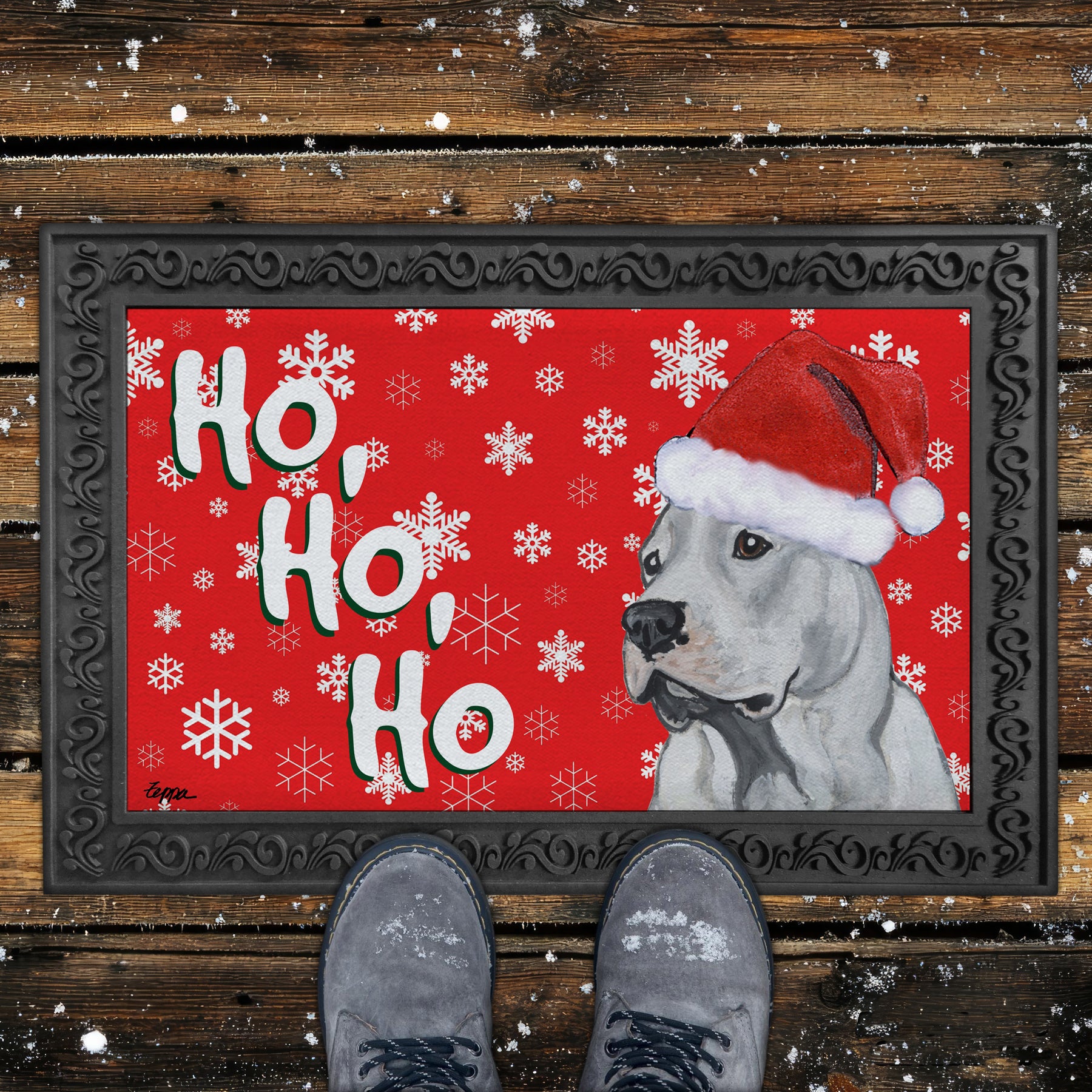 Dogo Argentino Ho Ho Ho Door Mat in Red