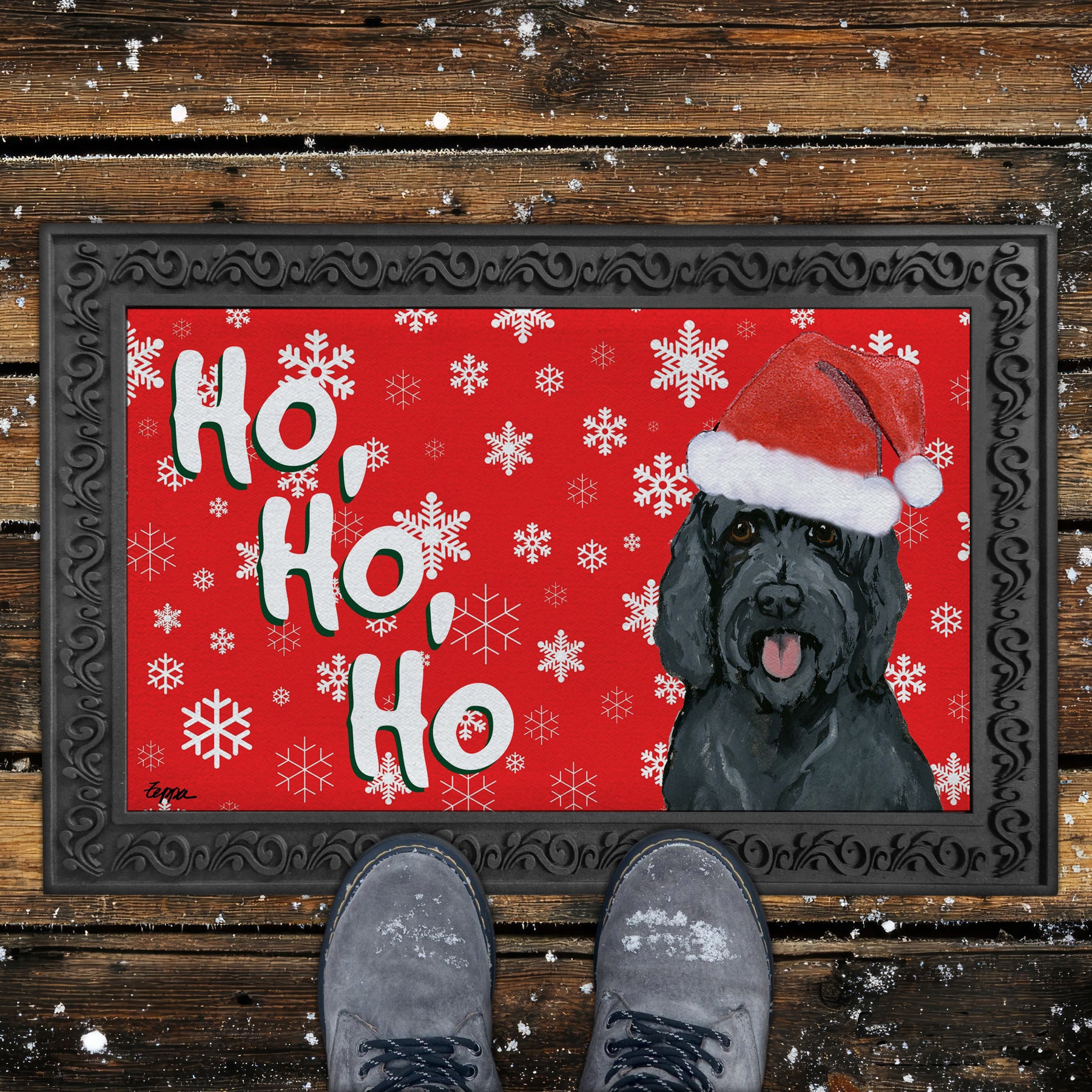 Black Labradoodle Ho Ho Ho Door Mat in Red