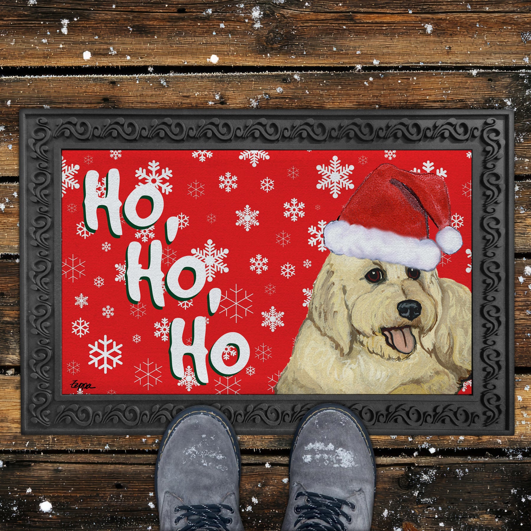 Golden Doodle Ho Ho Ho Door Mat in Red
