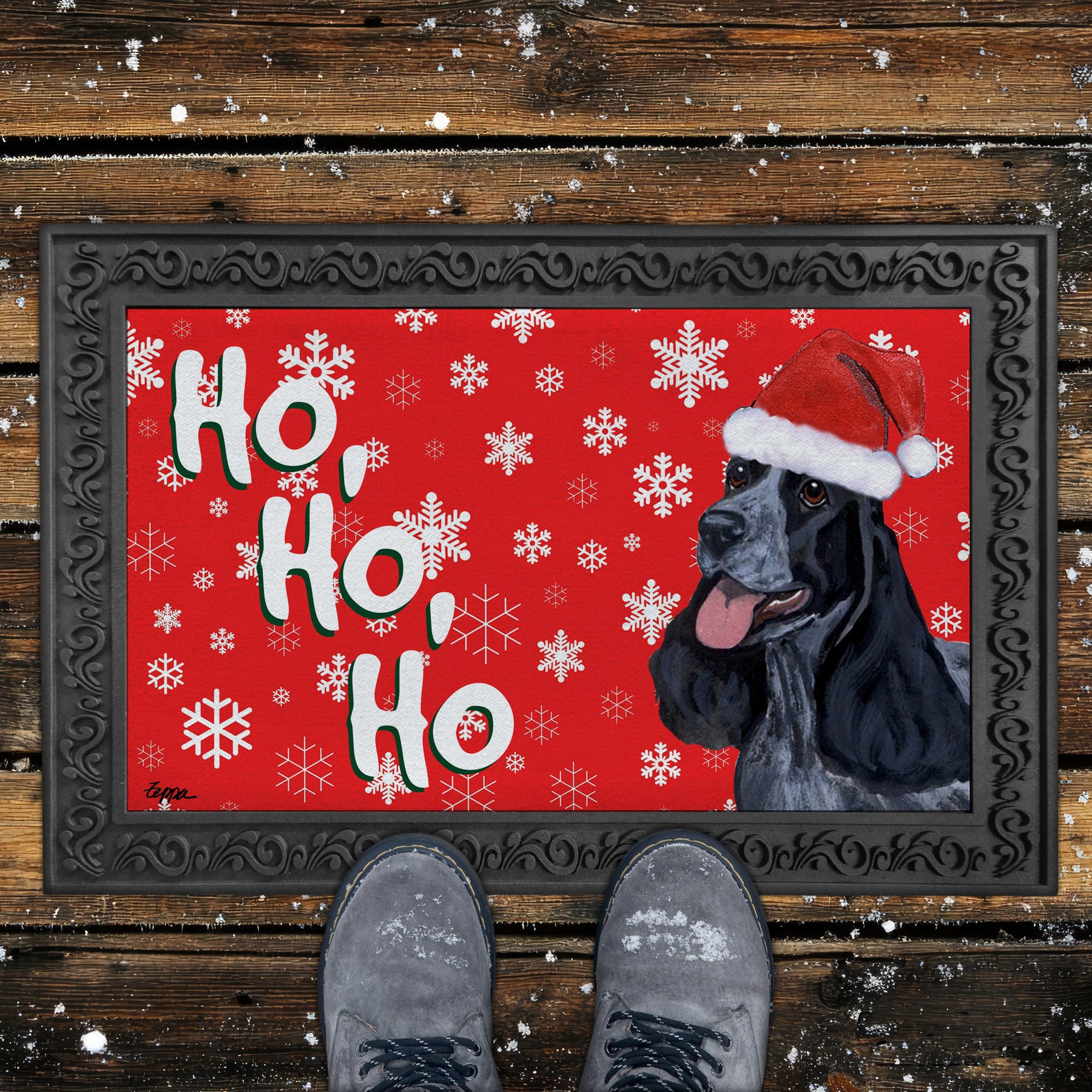 English Cocker Spaniel Ho Ho Ho Door Mat in Red