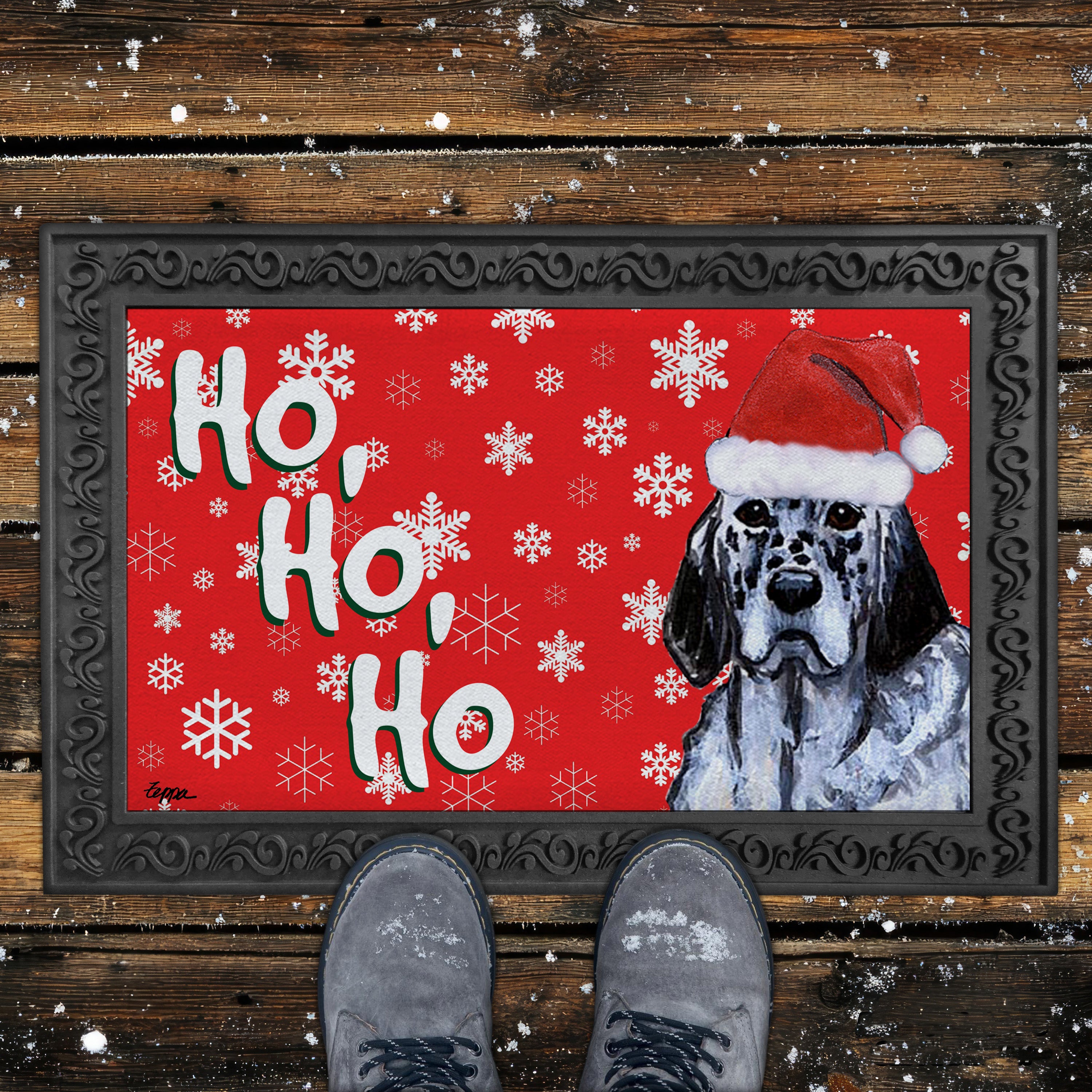 English Setter Ho Ho Ho Door Mat in Red
