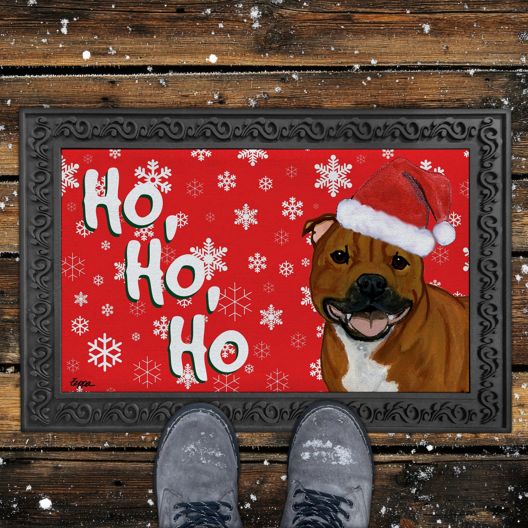 Staffordshire Bull Terrier Ho Ho Ho Doormat in Red