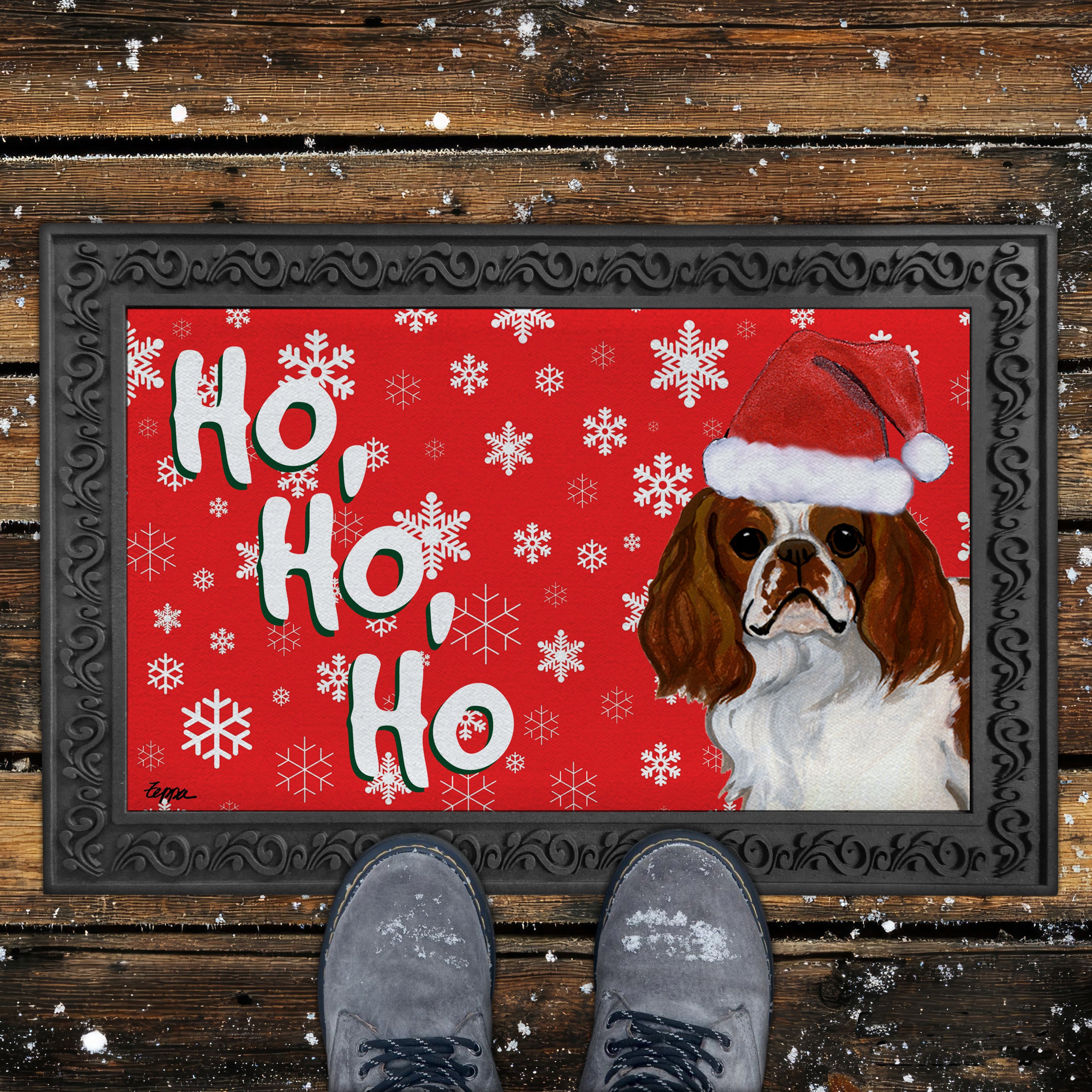 English Toy Spaniel Ho Ho Ho Door Mat in Red