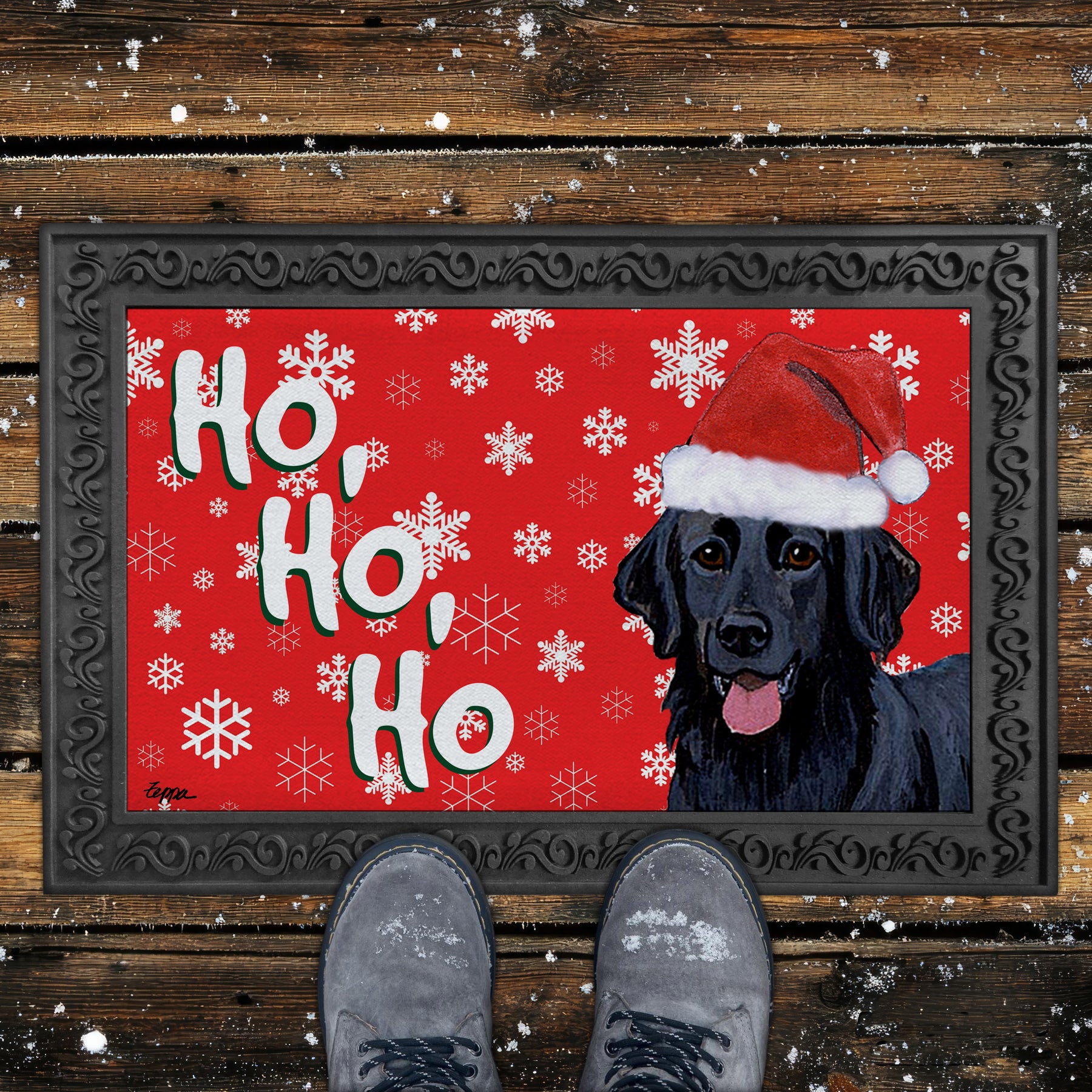 Flat Coated Retriever Ho Ho Ho Door Mat in REd