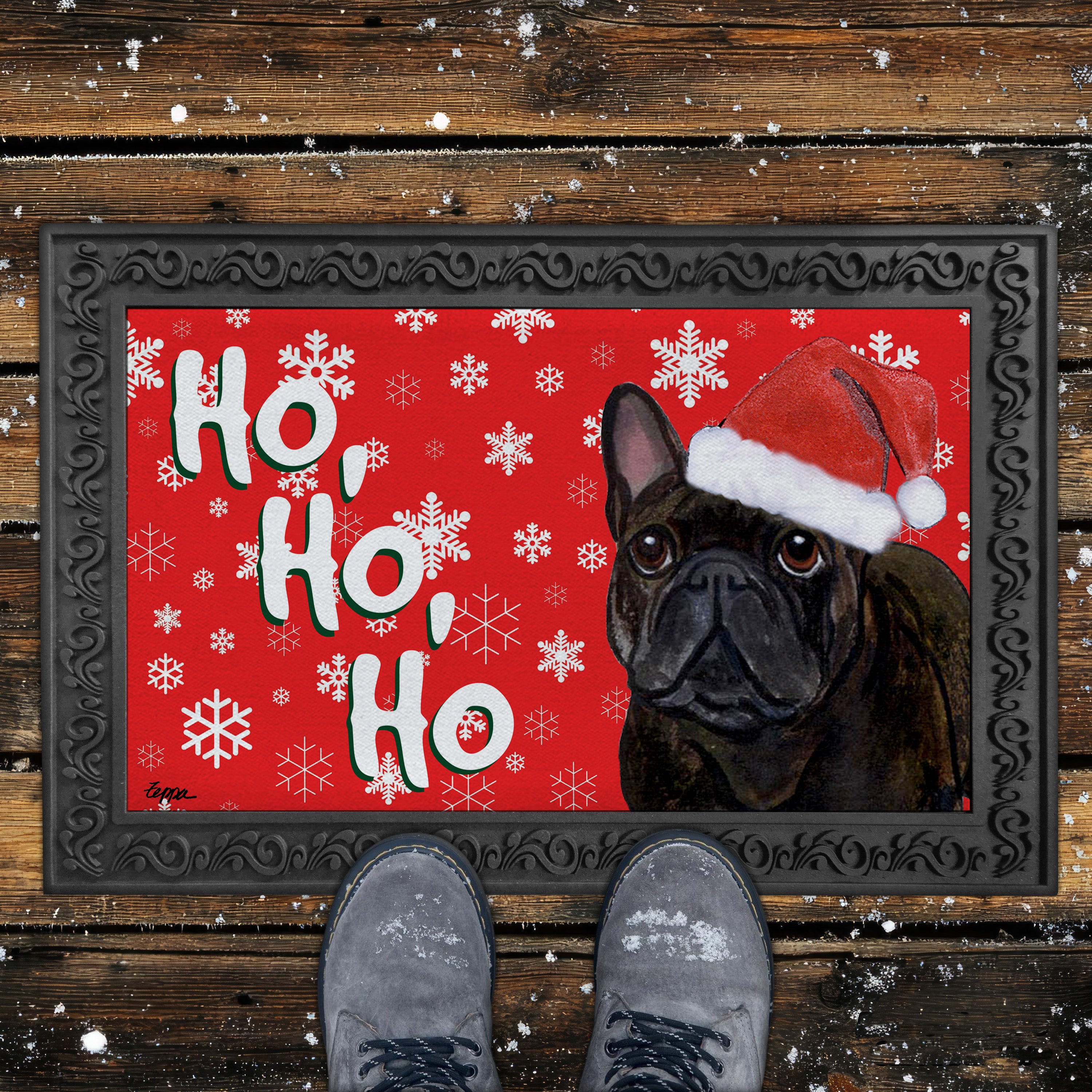 French Bulldog Ho Ho Ho Door Mat in Red