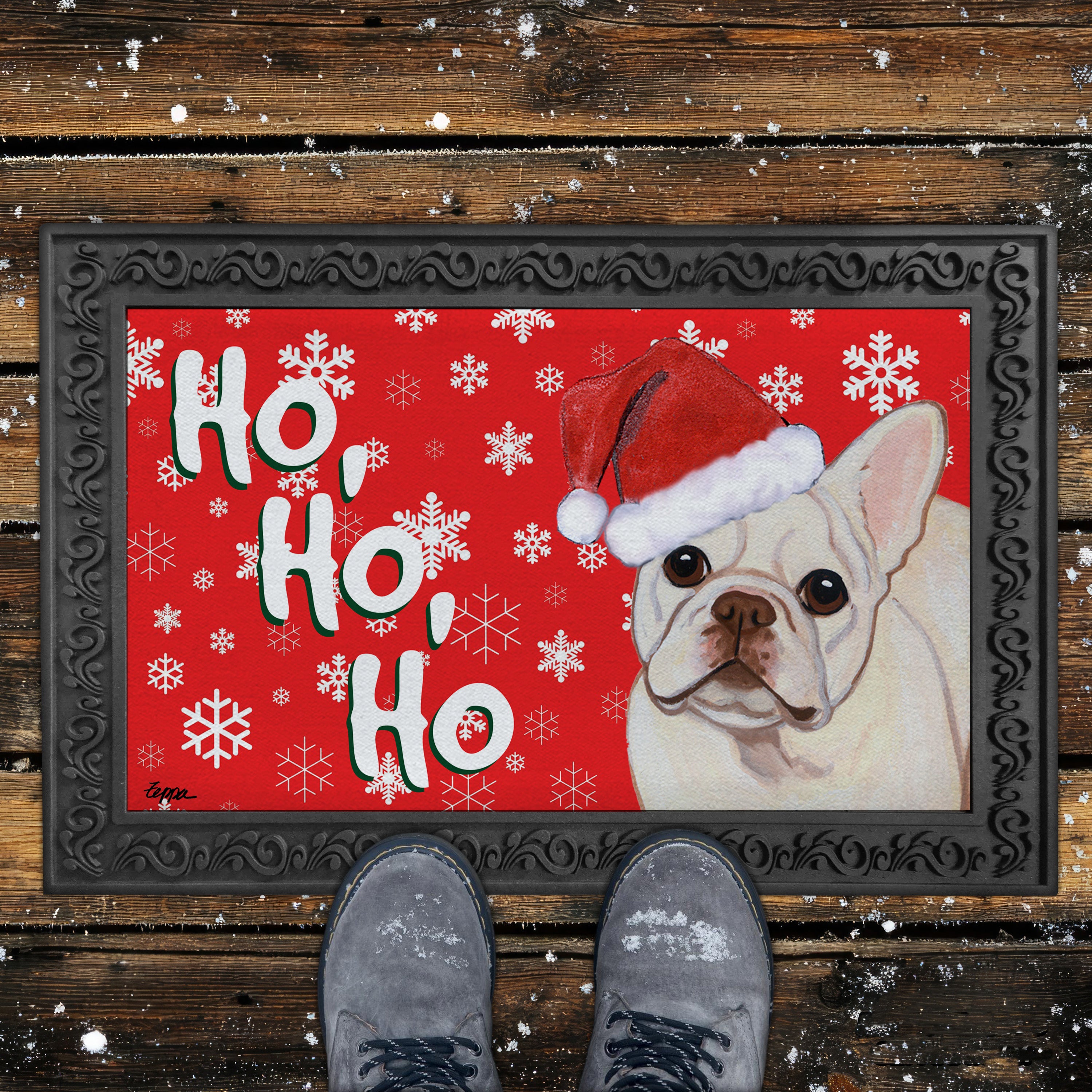 Cream French Bulldog Ho Ho Ho Door Mat in Red
