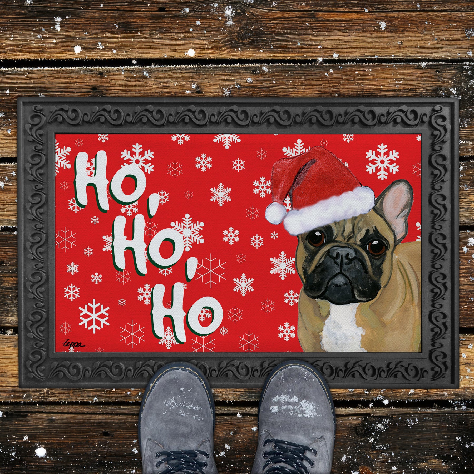 Fawn French Bulldog Ho Ho Ho Door Mat in Red