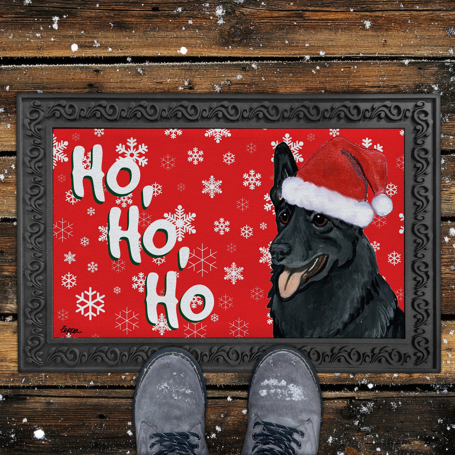 Black German Shepherd Ho Ho Ho Door Mat in Red