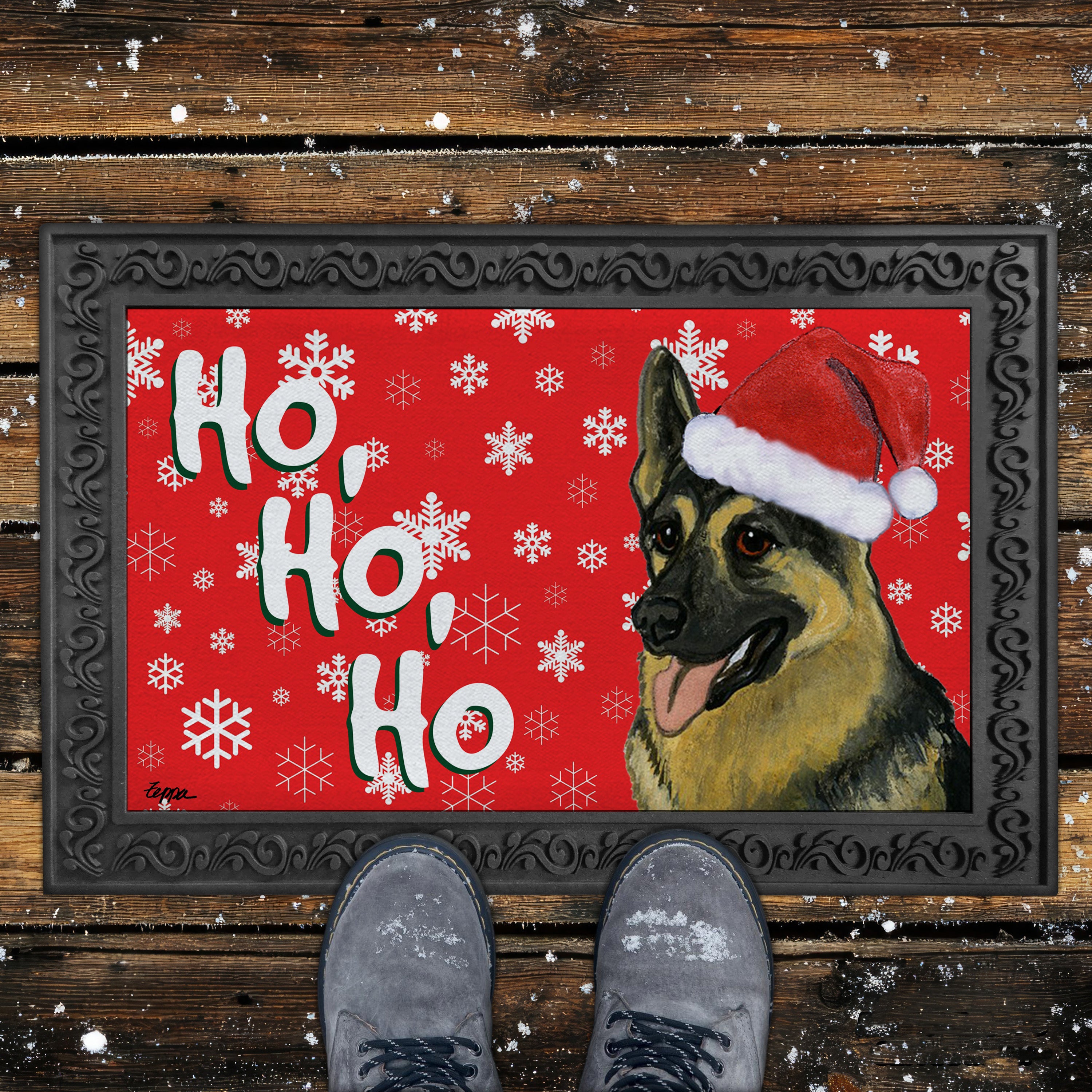 German Shepherd Ho Ho Ho Door Mat in Red