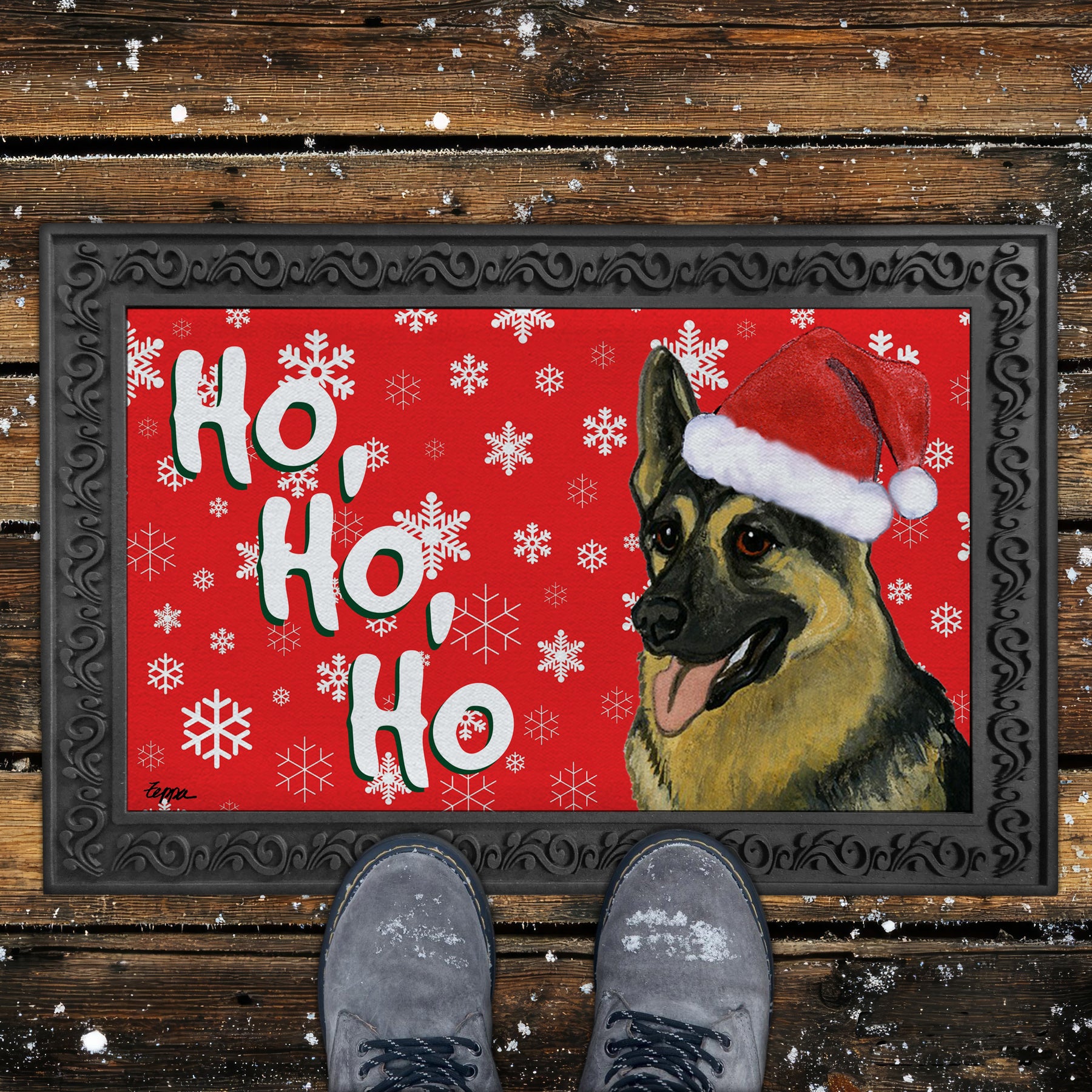 German Shepherd Ho Ho Ho Door Mat in Red