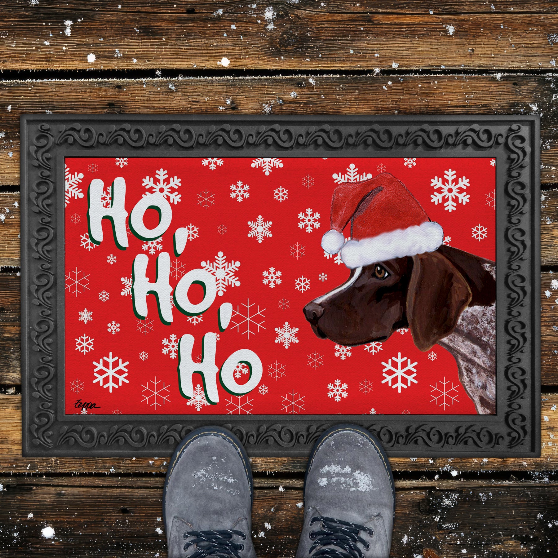 German Shorthair Pointer Ho Ho Ho Door Mat in Red