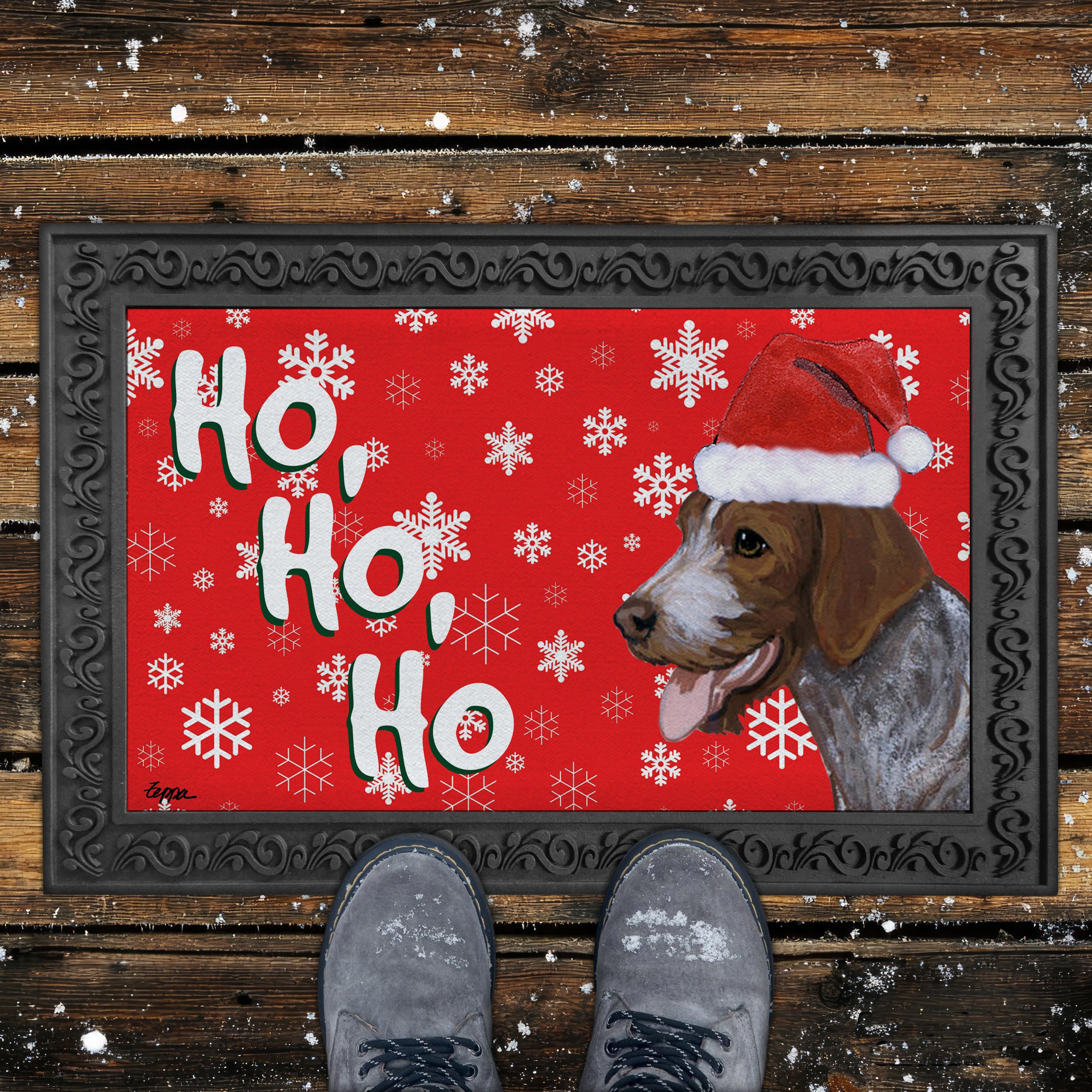 German Wirehaired Pointer Ho Ho Ho Door Mat in Red