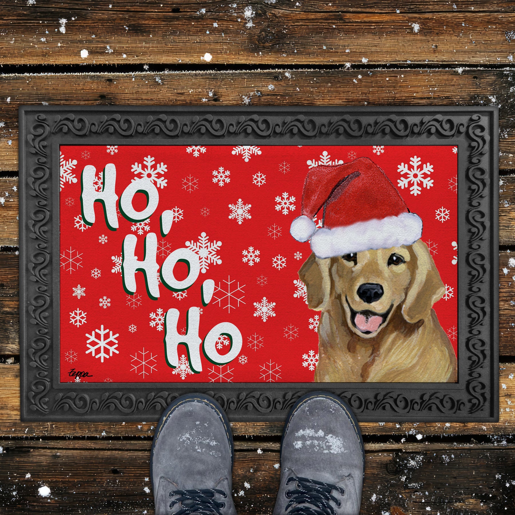 Smiling Golden Retriever Ho Ho Ho Door Mat in Red