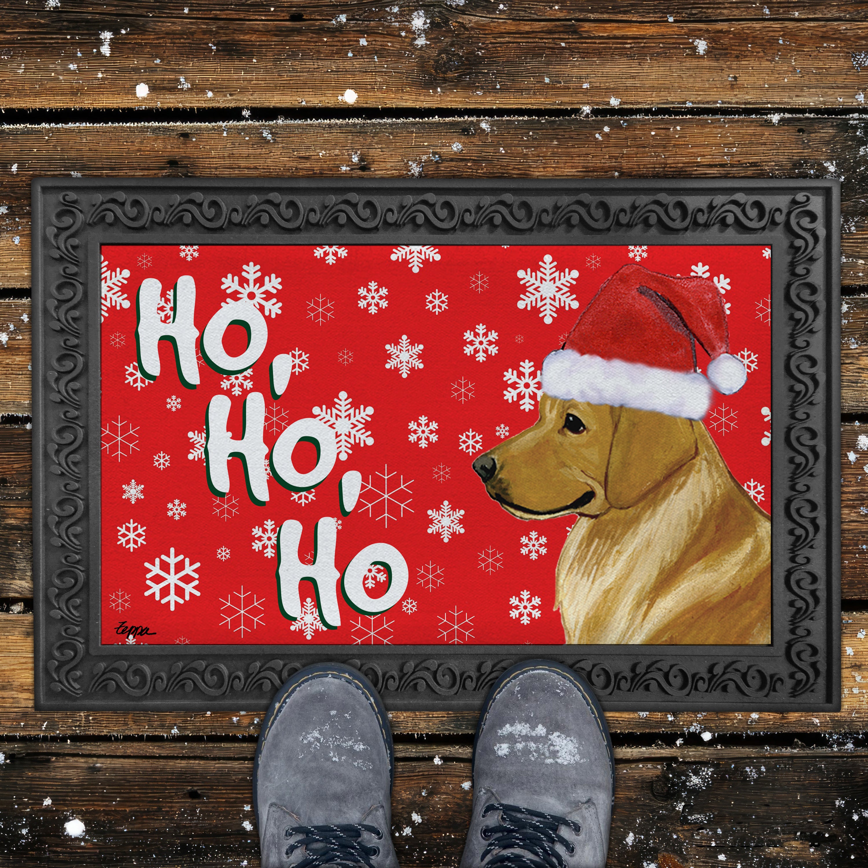 Standing Golden Retriever Ho Ho Ho Door Mat in Red