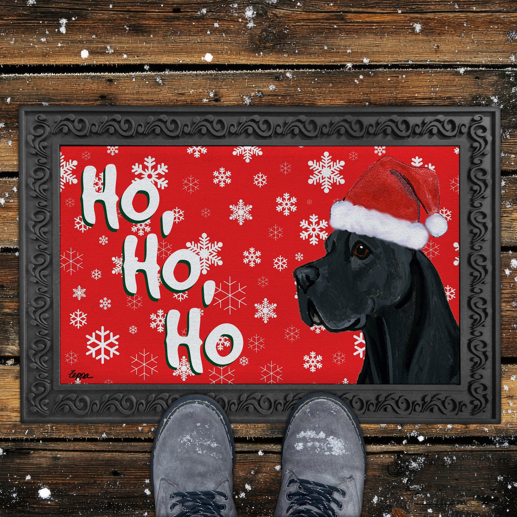 Black Great Dane Ho Ho Ho Door Mat in Red