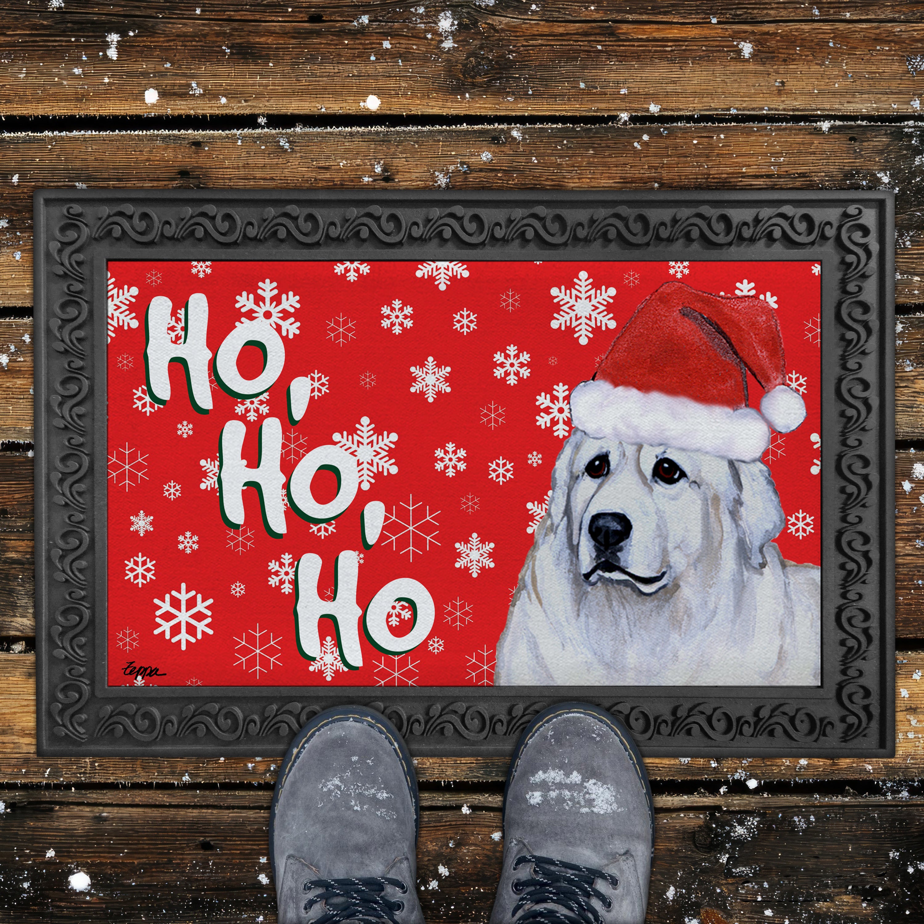 Great Pyrenees Ho Ho Ho Door Mat in Red