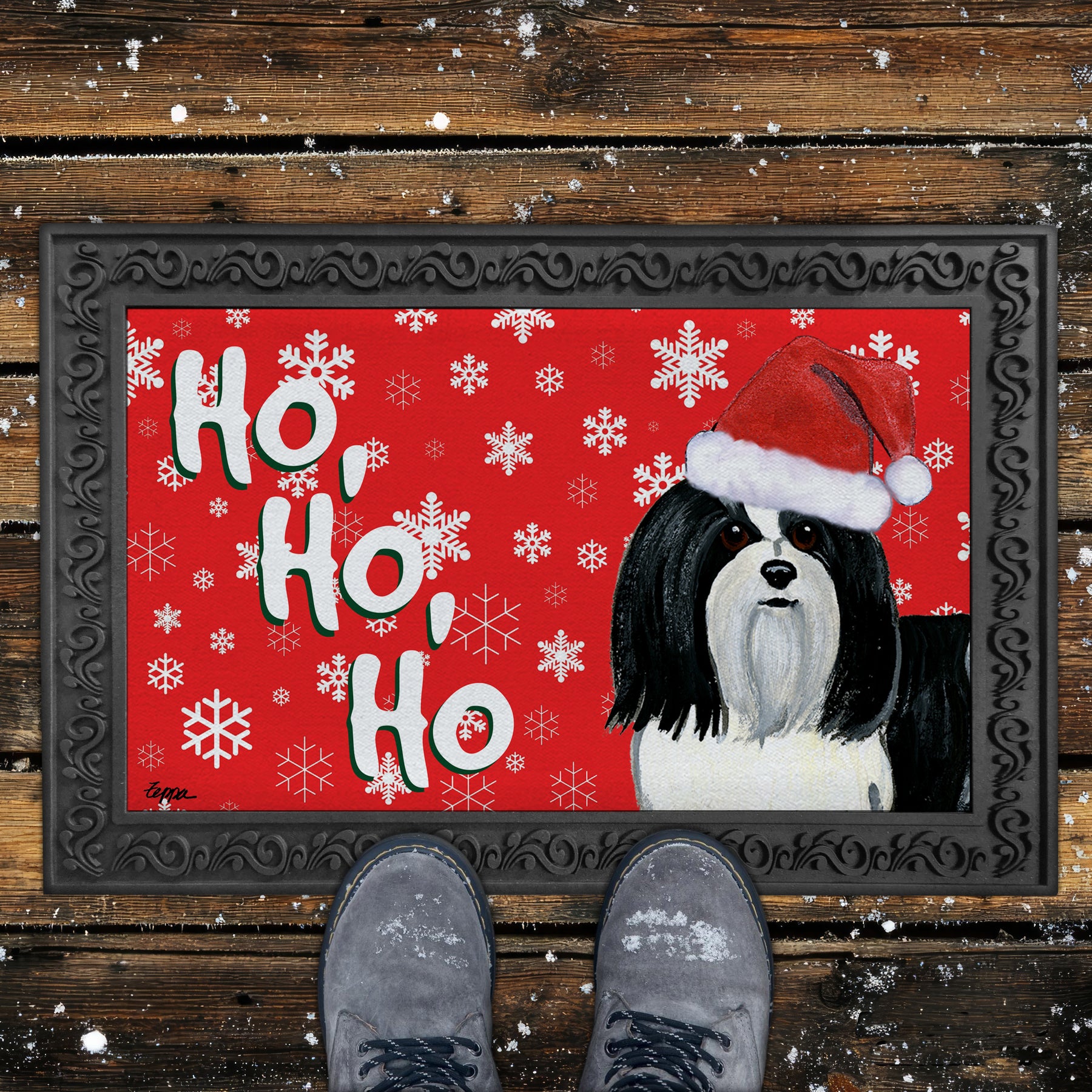 Black and White Havanese Ho Ho Ho Door Mat in Red
