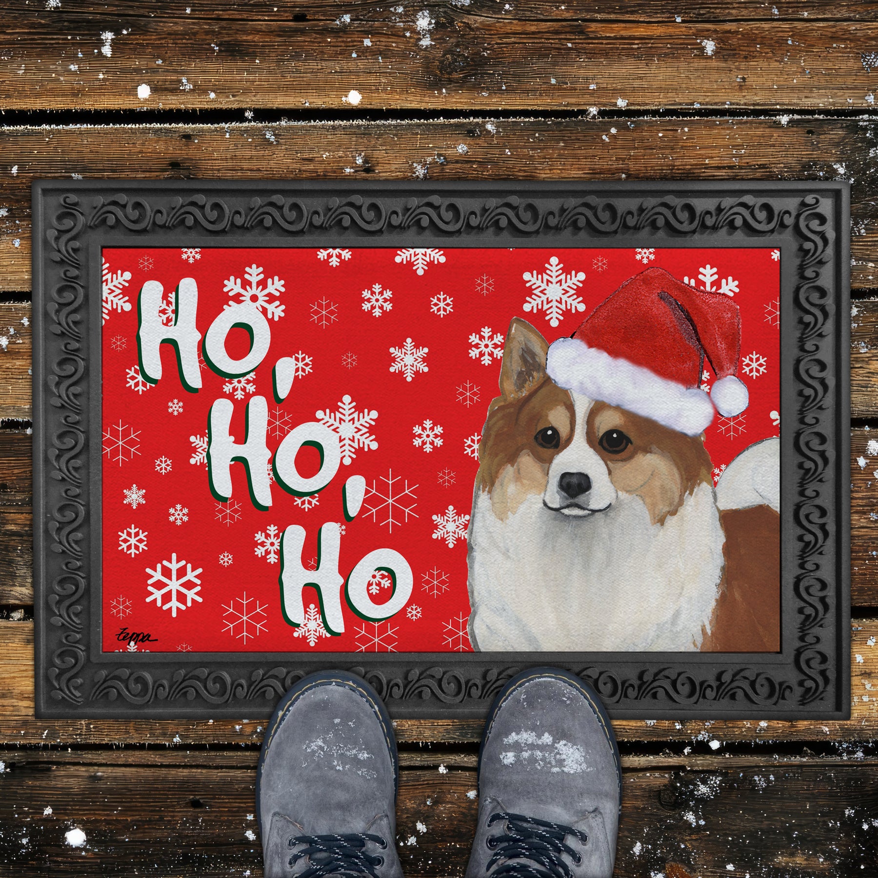 Icelandic Sheepdog Ho Ho Ho Door Mat in Red