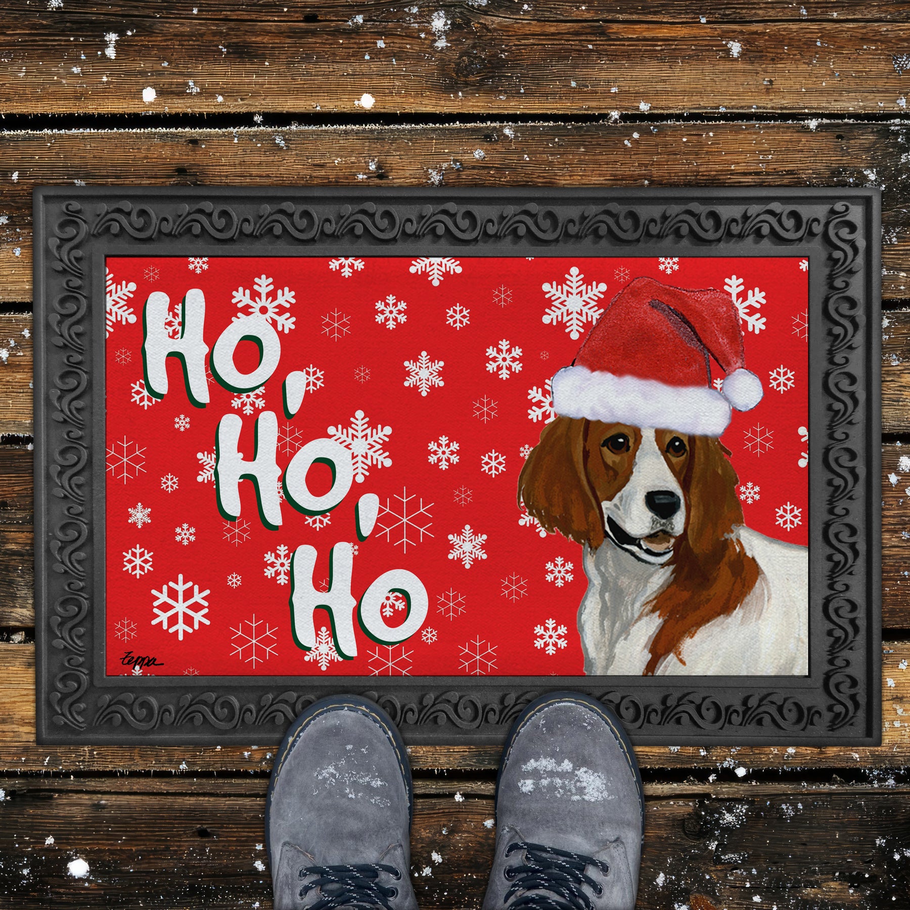 Irish Red and White Setter Ho Ho Ho Door Mat in Red