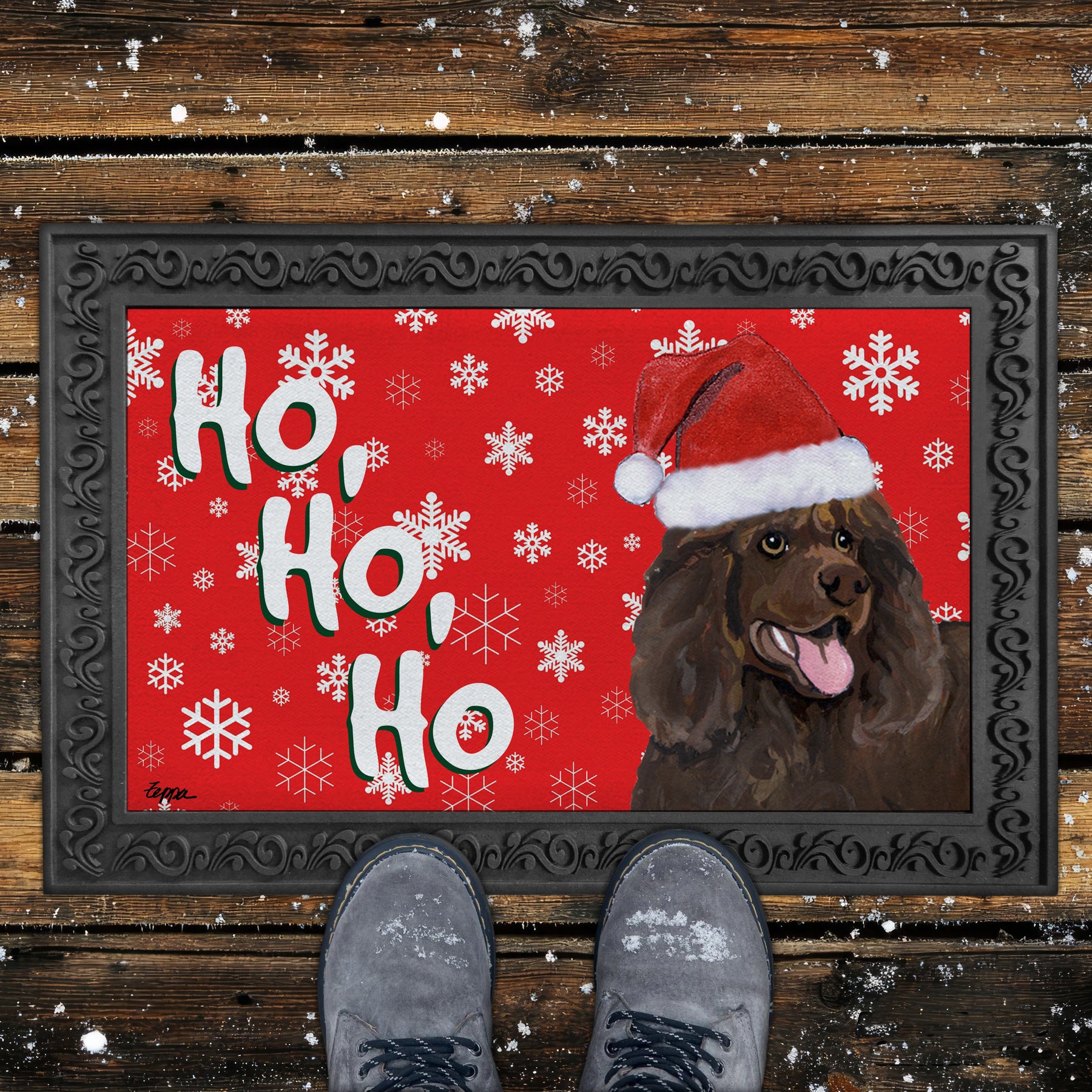 Irish Water Spaniel Ho Ho Ho Door Mat in Red