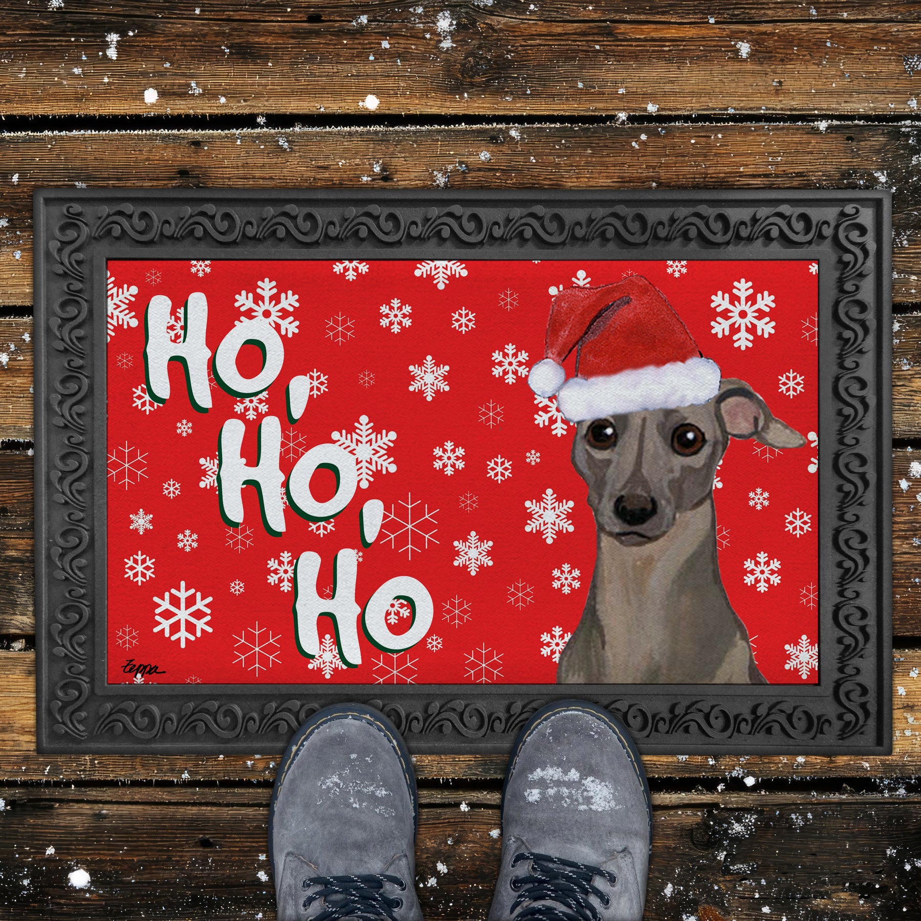 Italian Greyhound Ho Ho Ho Door Mat in Red