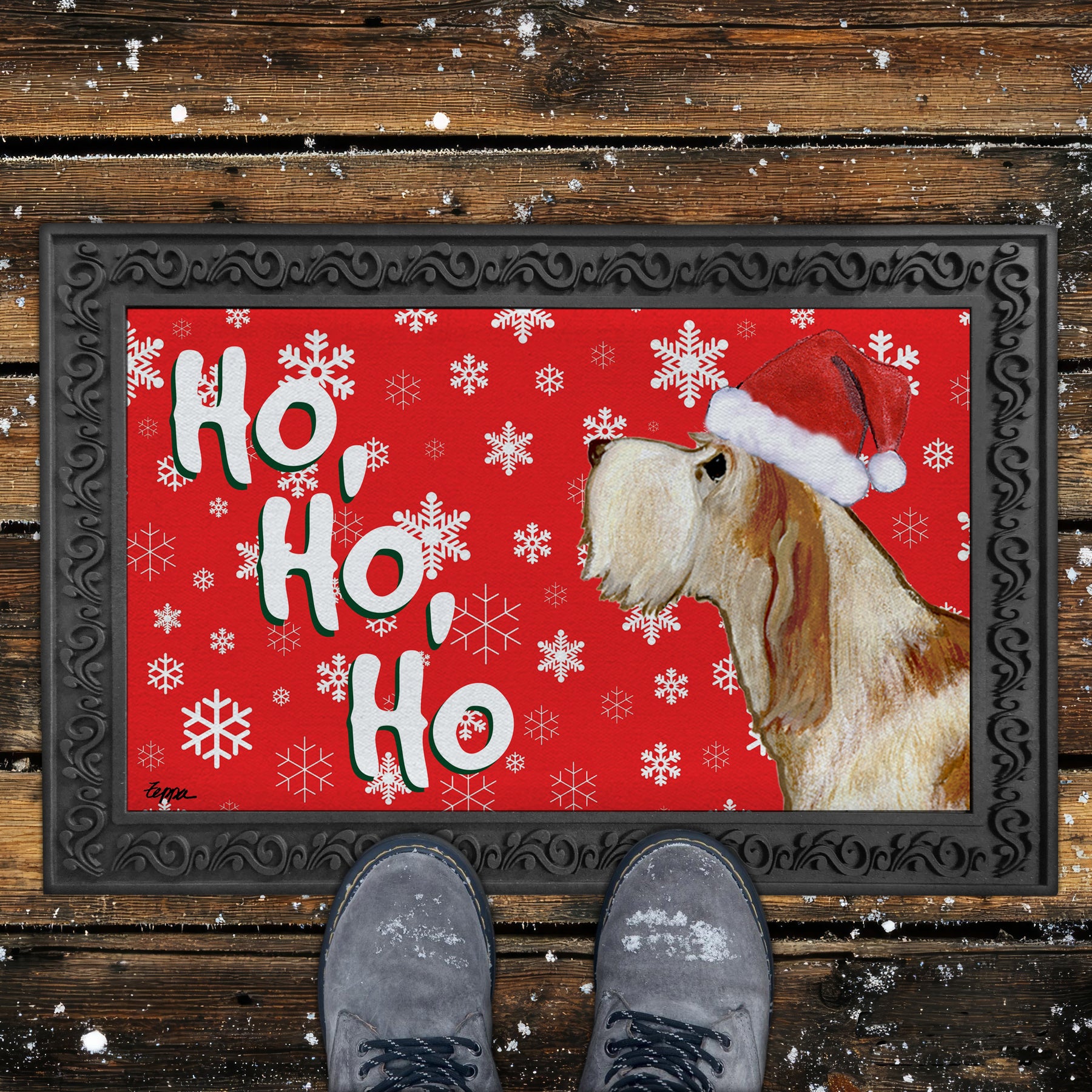 Red and White Italian Spinone Ho Ho Ho Door Mat in Red