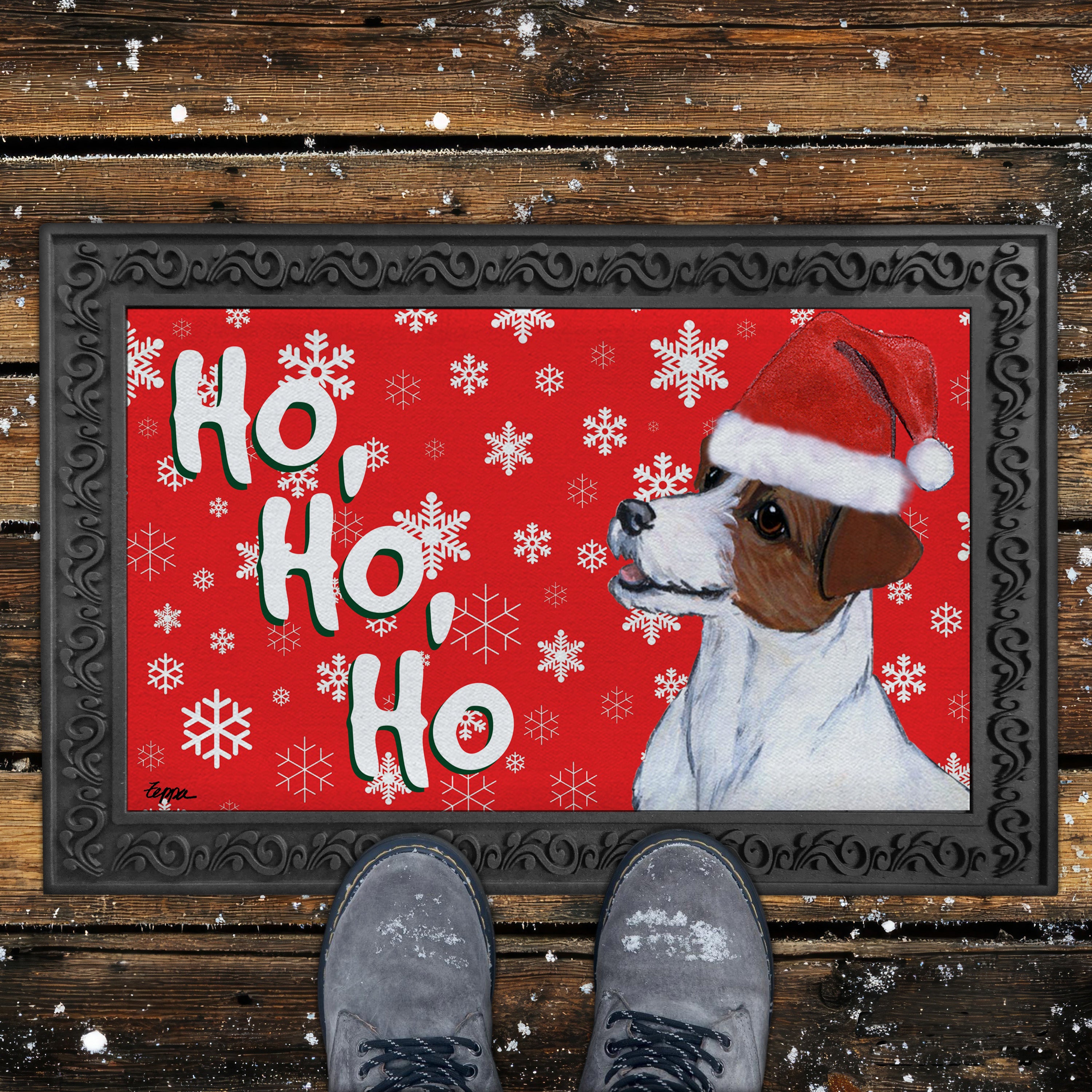 Jack Russell Terrier Ho Ho Ho Door Mat in Red
