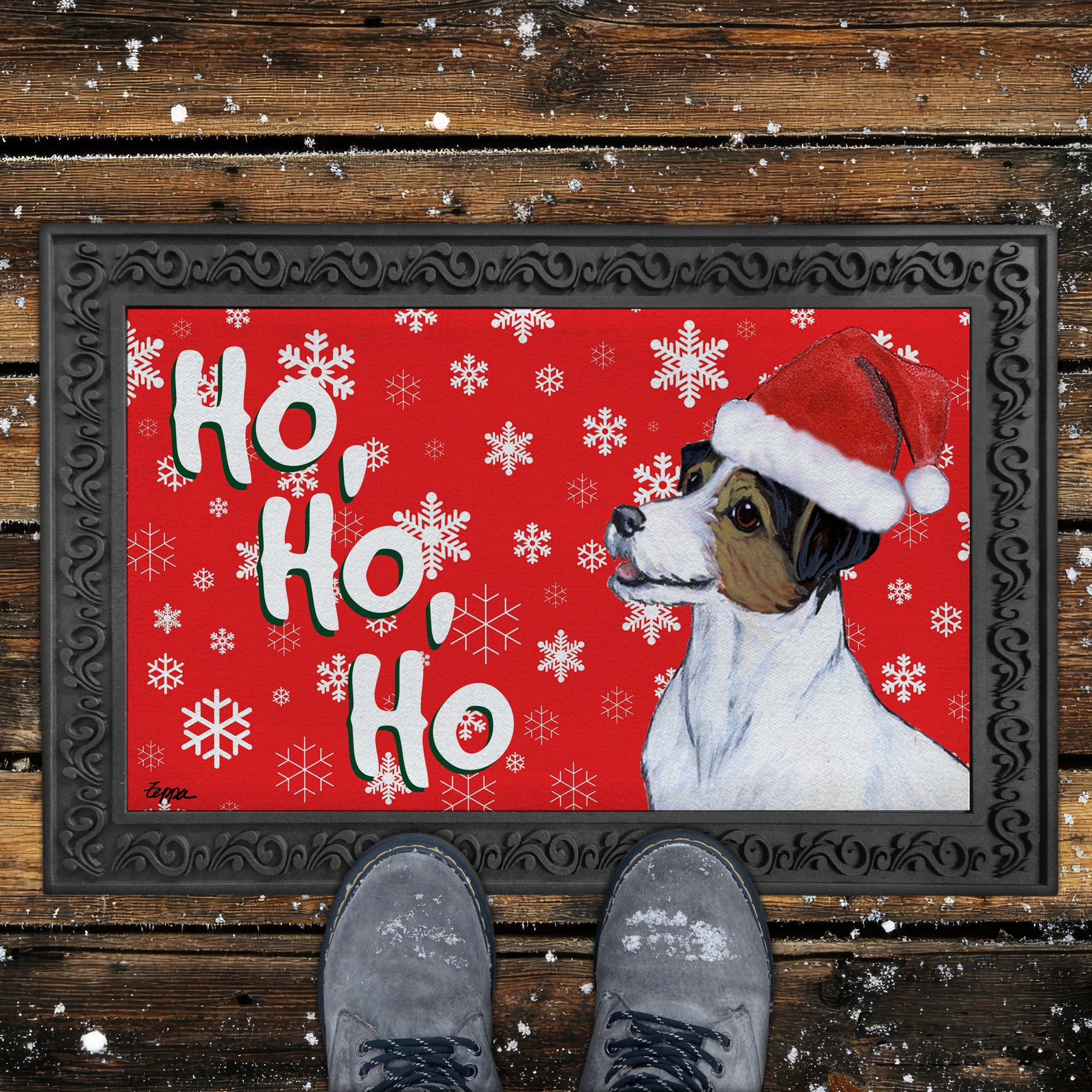 Tri Jack Russell Terrier Ho Ho Ho Door Mat in Red