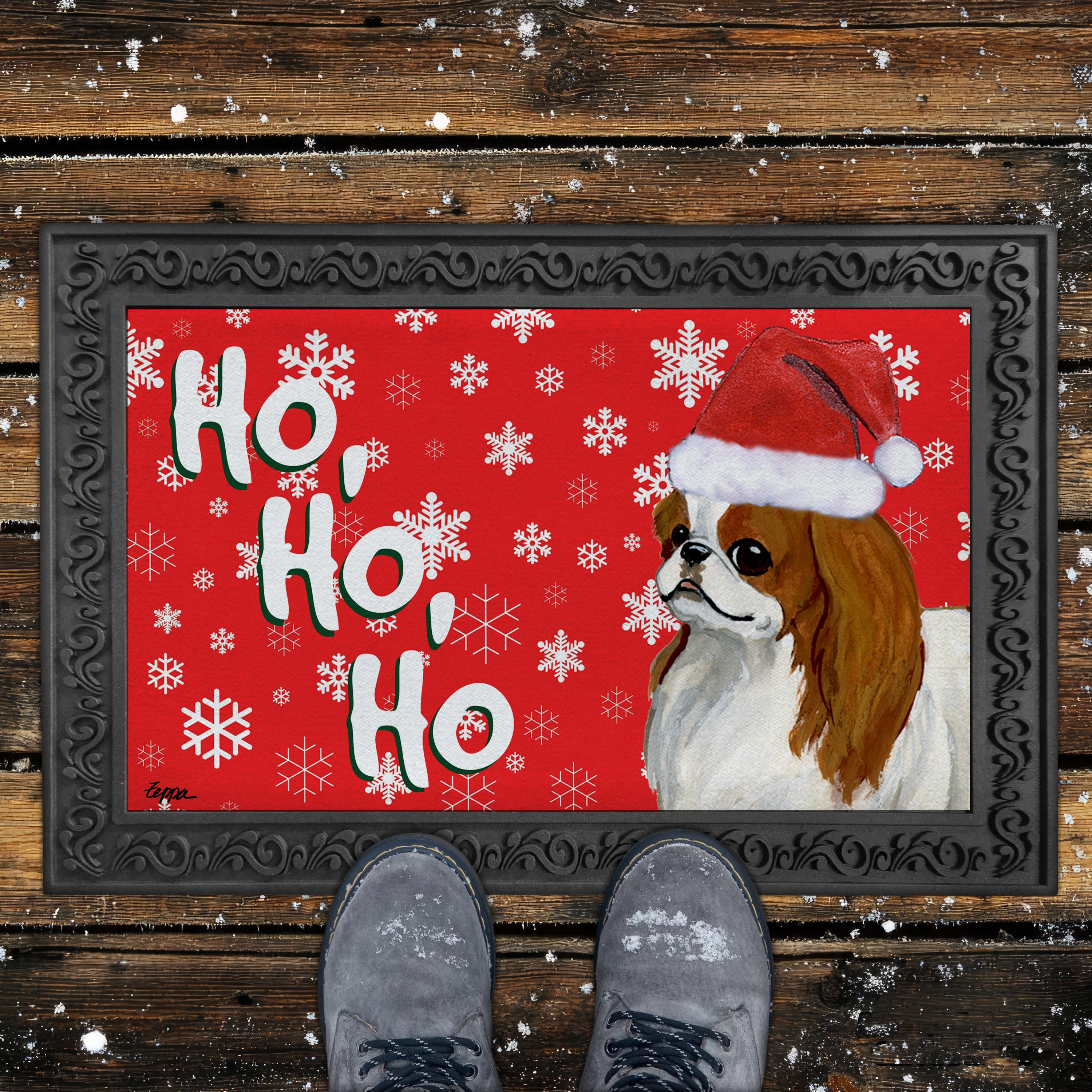 Red and White Japanese Chin Ho Ho Ho Door Mat in Grey