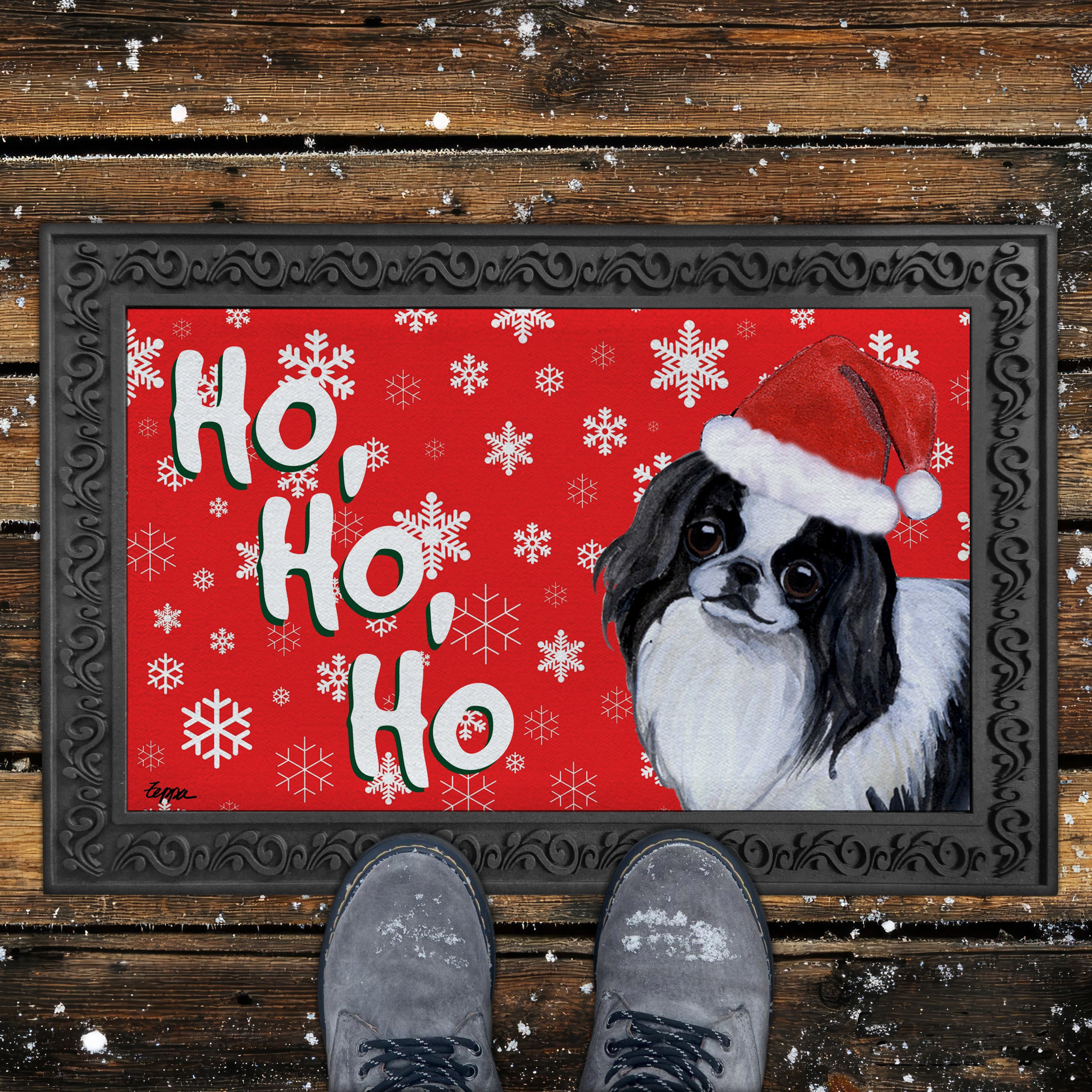Japanese Chin Ho Ho Ho Door Mat in Red