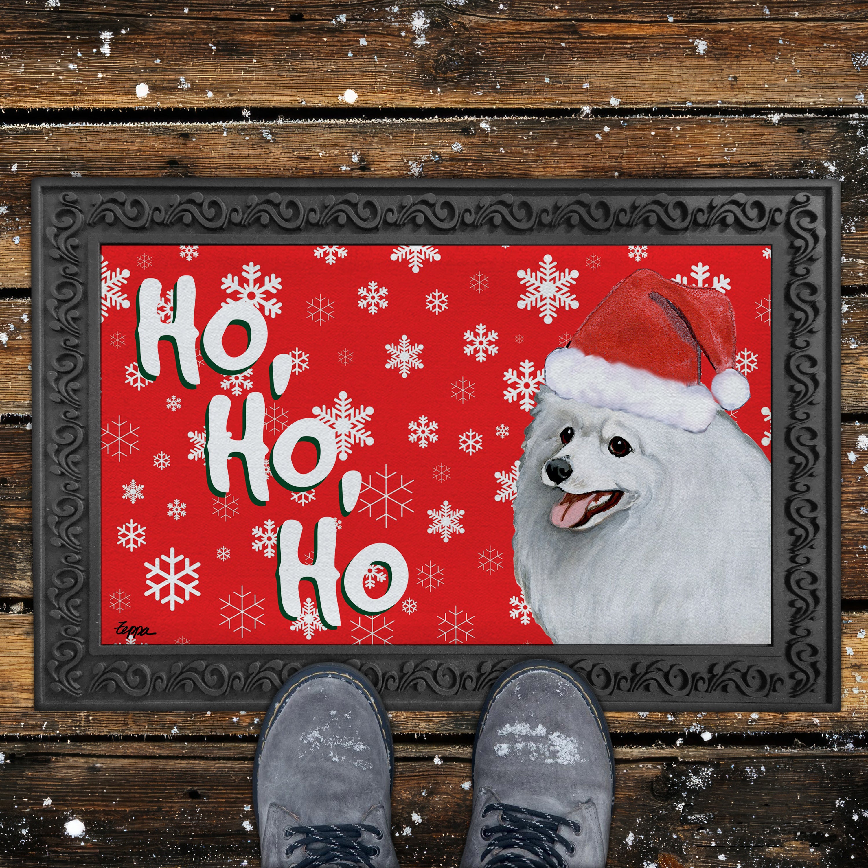 Japanese Spitz Ho Ho Ho Door Mat in Red