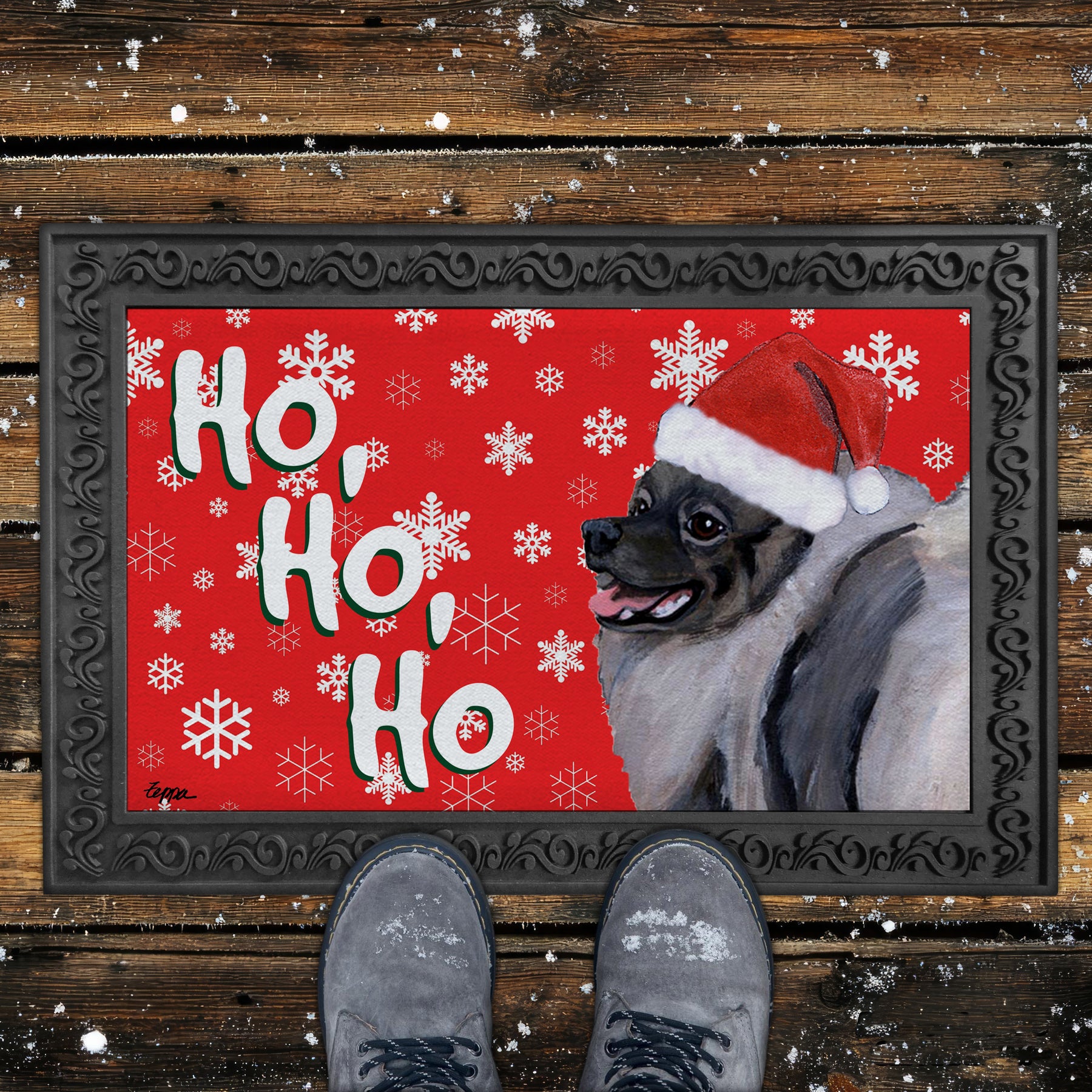 Keeshond Ho Ho Ho Door Mat in Red