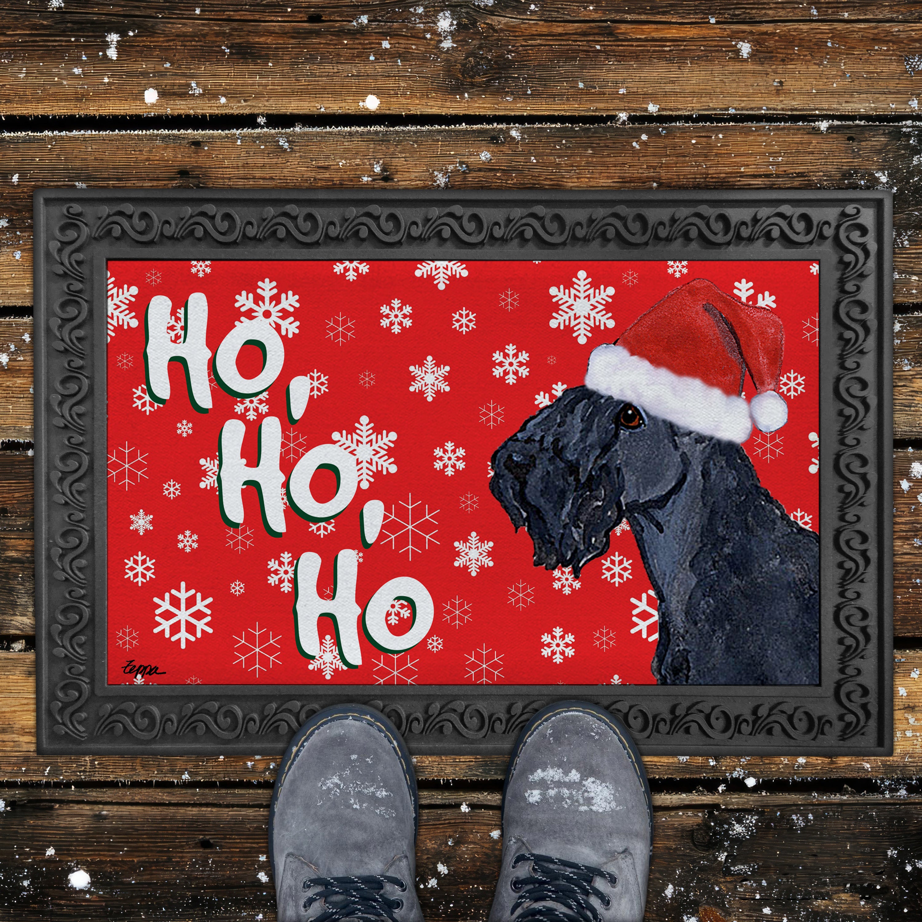 Kerry Blue Terrier Ho Ho Ho Door Mat in Red
