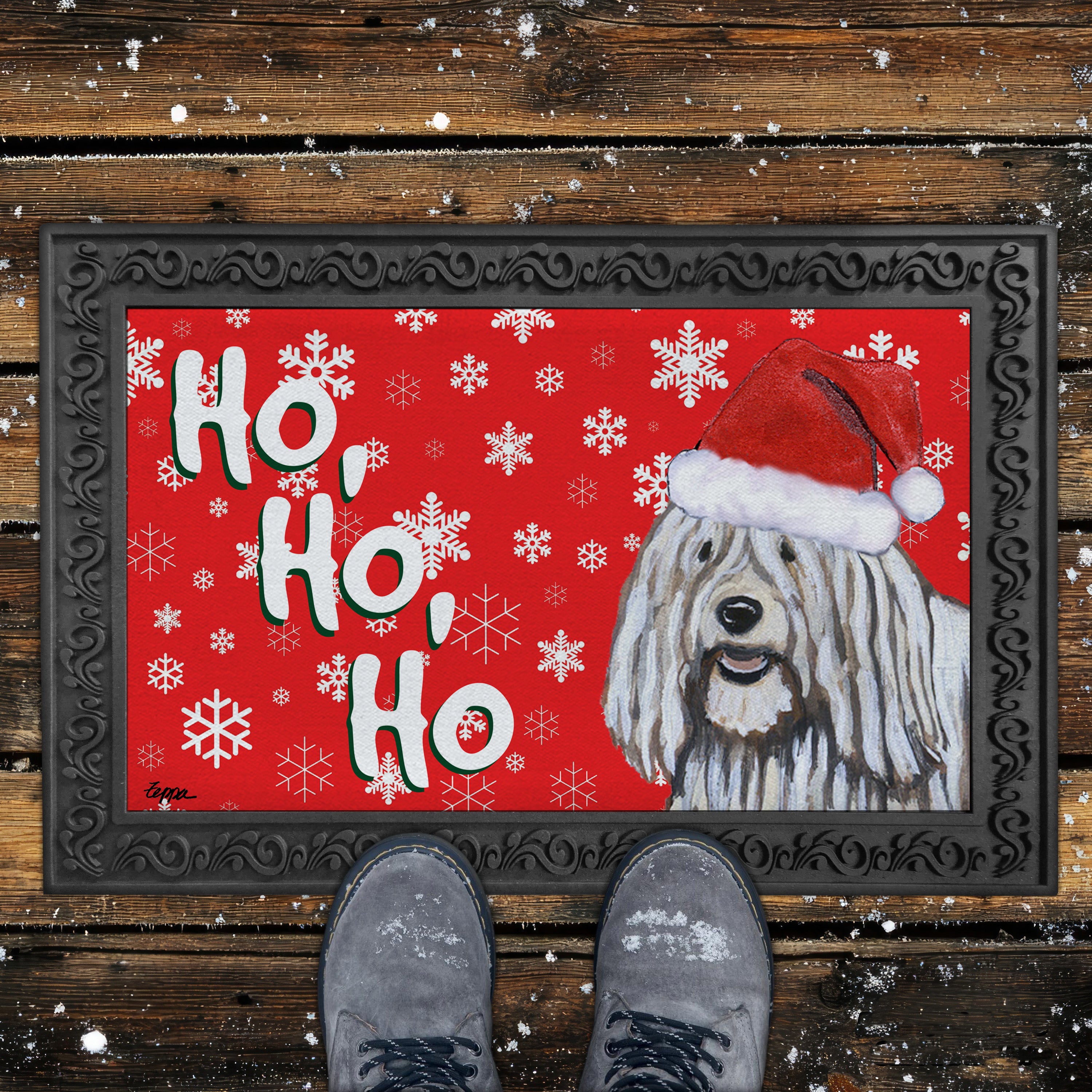 Komondor Ho Ho Ho Door Mat in Red