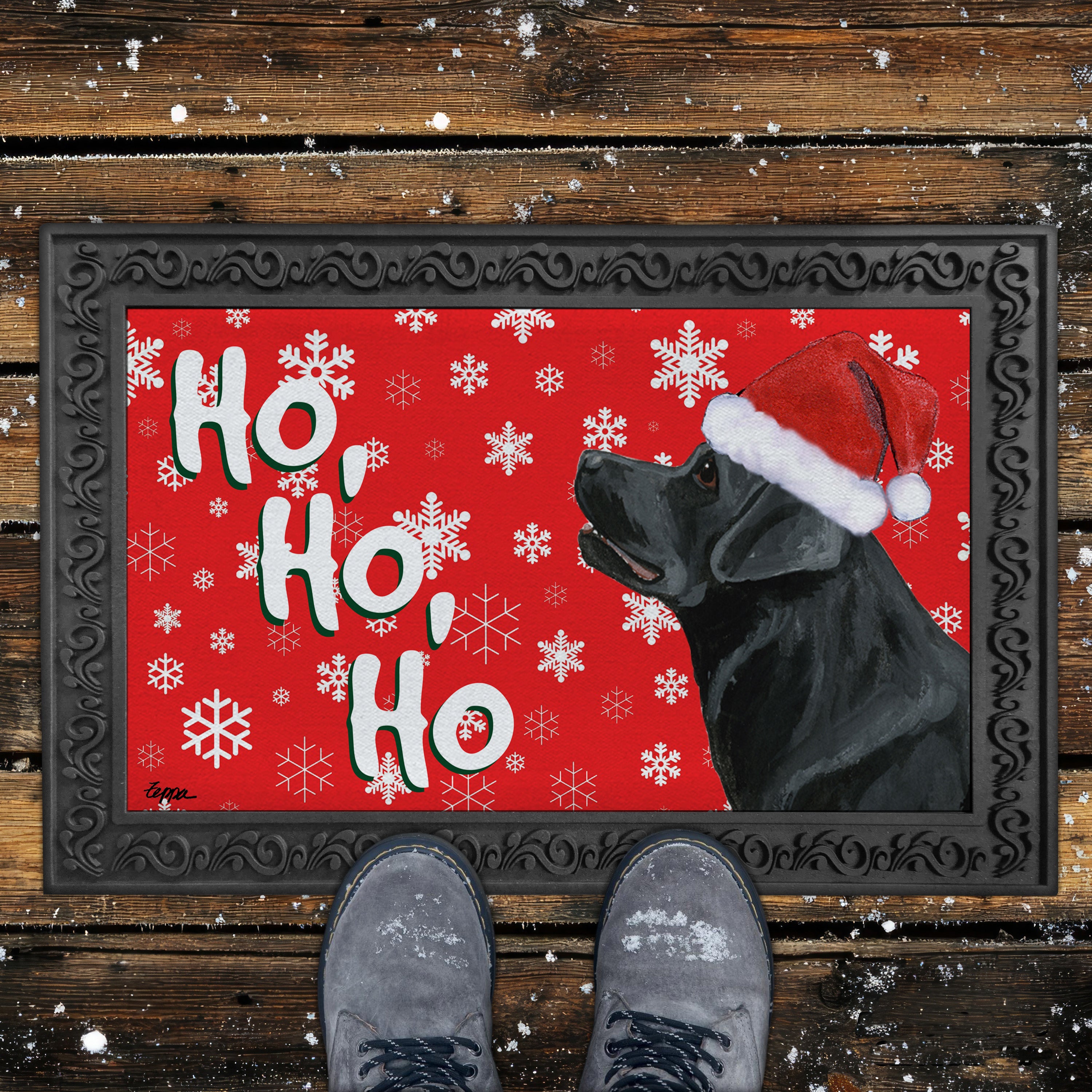Standing Black Lab Ho Ho Ho Door Mat in Red