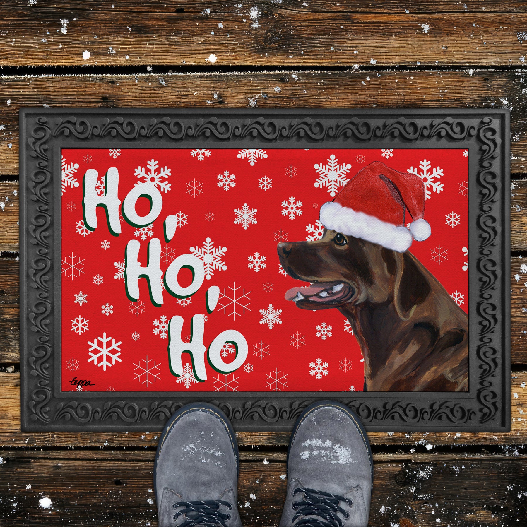 Chocolate Lab Sitting Ho Ho Ho Door Mat in Red