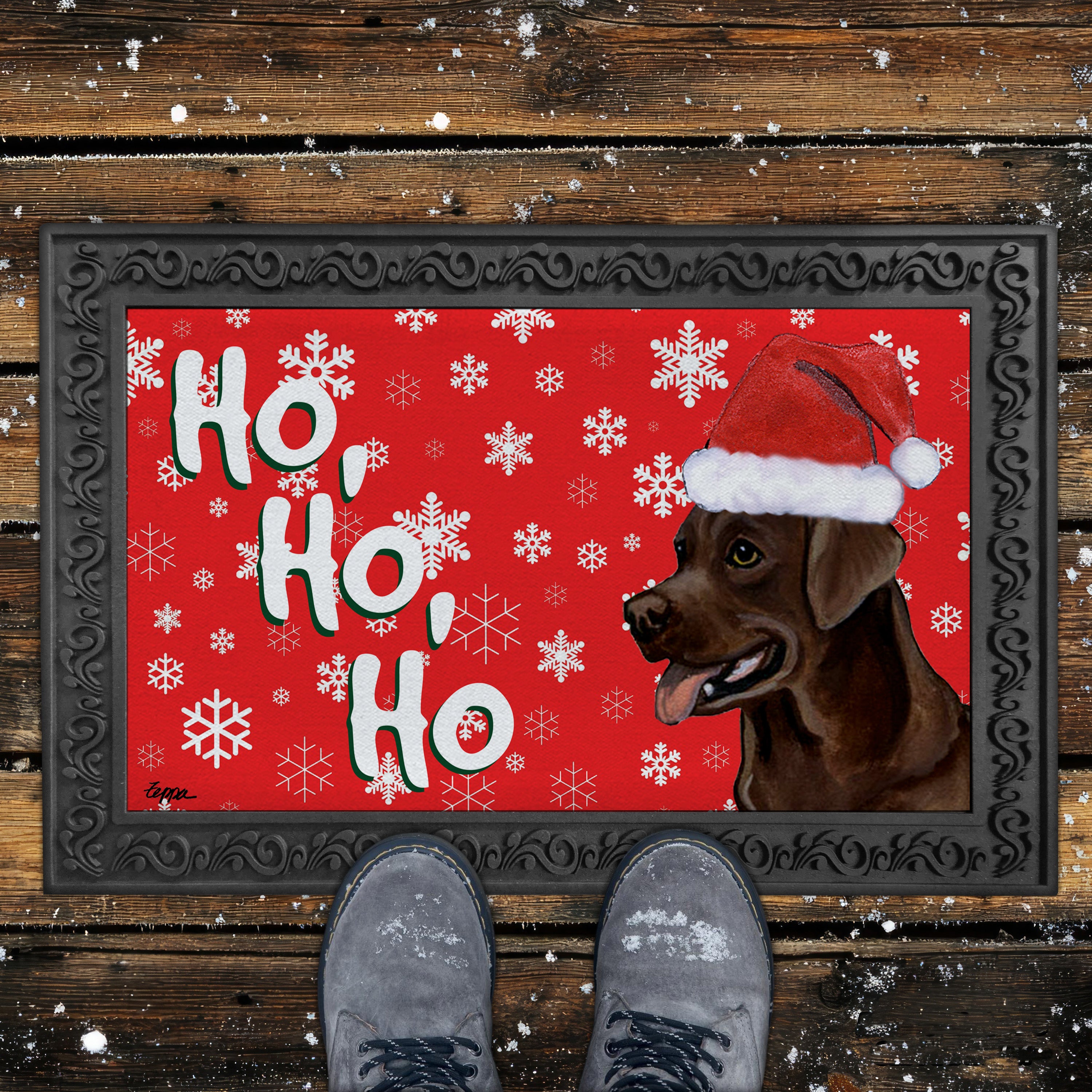 Chocolate Lab Ho Ho Ho Door Mat in Red