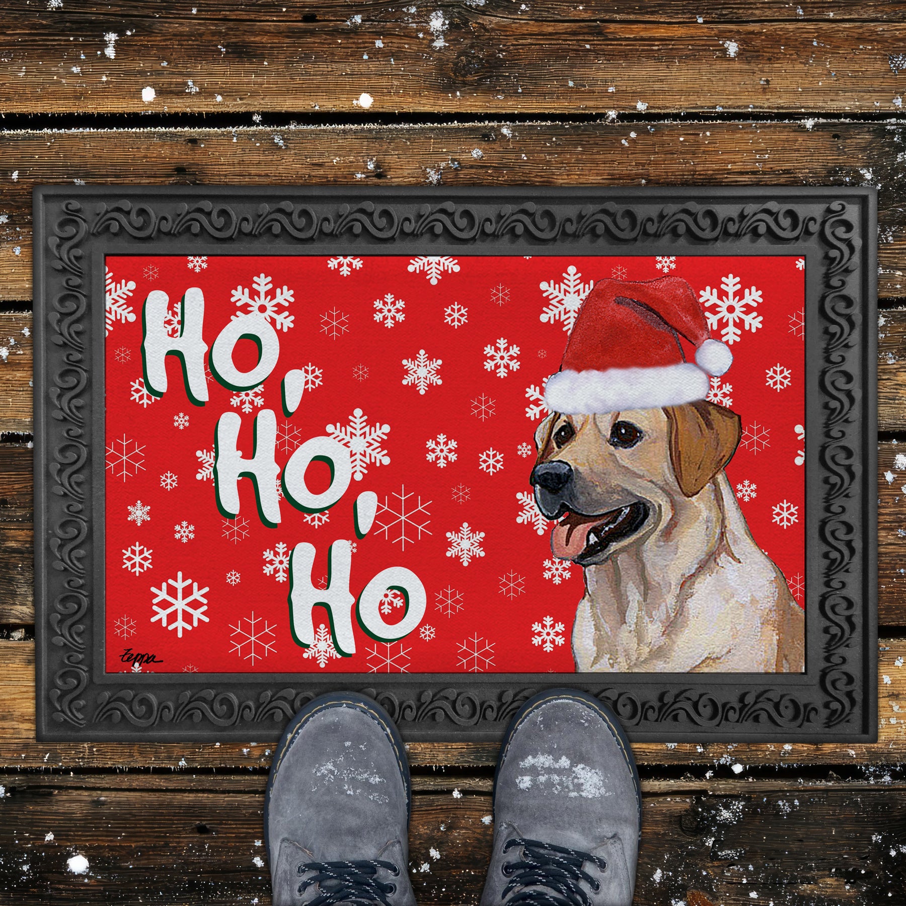 Yellow Lab Ho Ho Ho Door Mat in Red