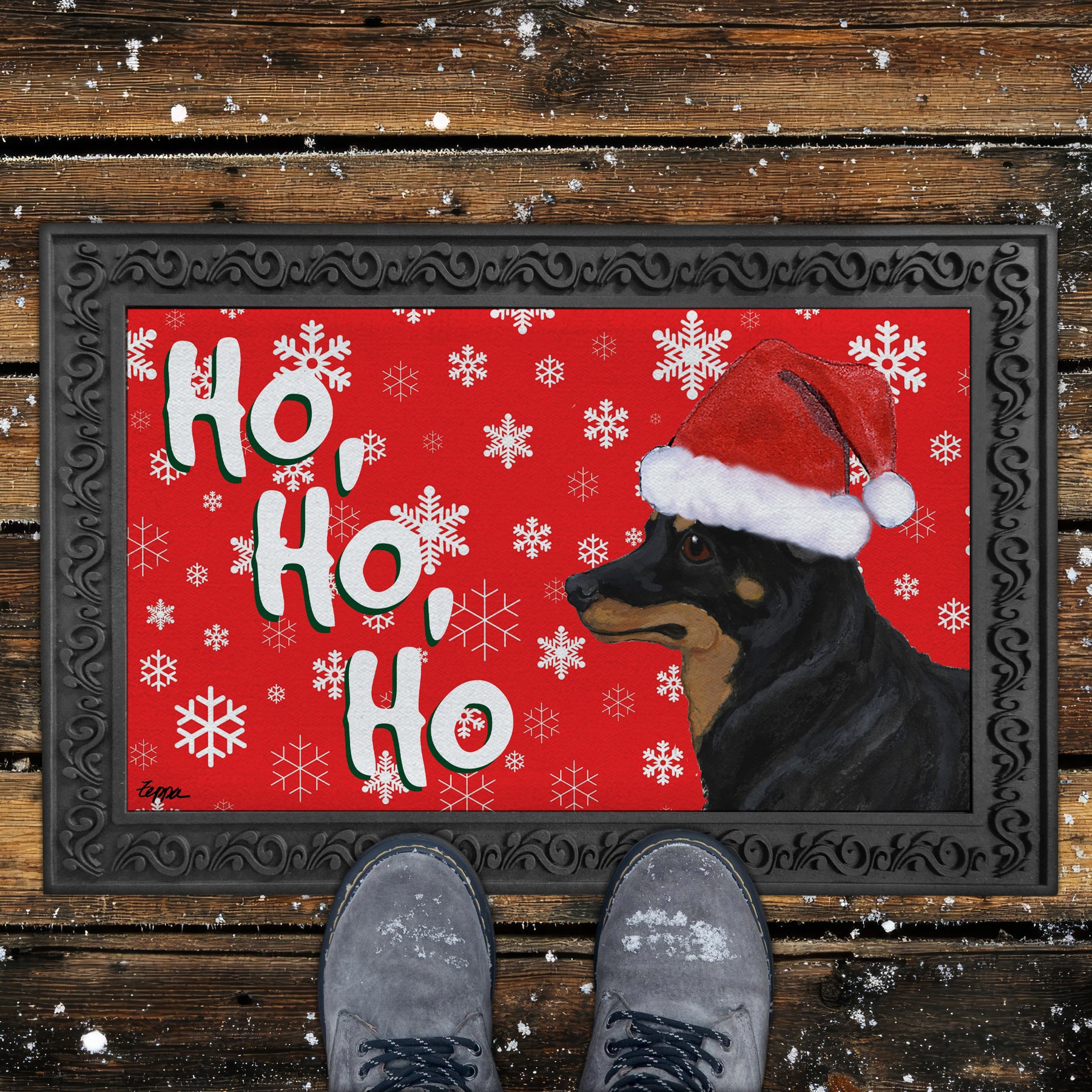 Lancashire Heeler Ho Ho Ho Door Mat in Red