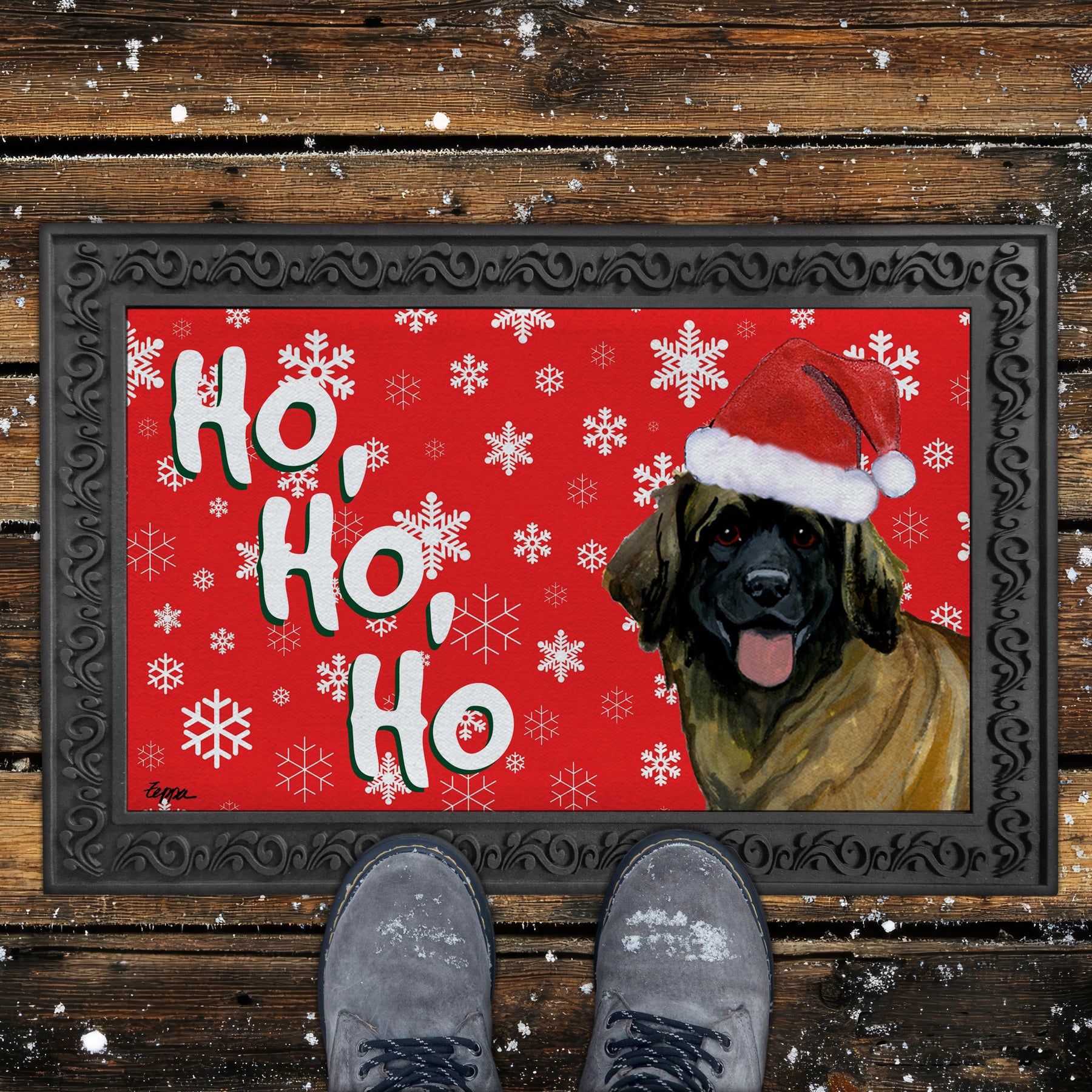 Leonberger Ho Ho Ho Door Mat in Red