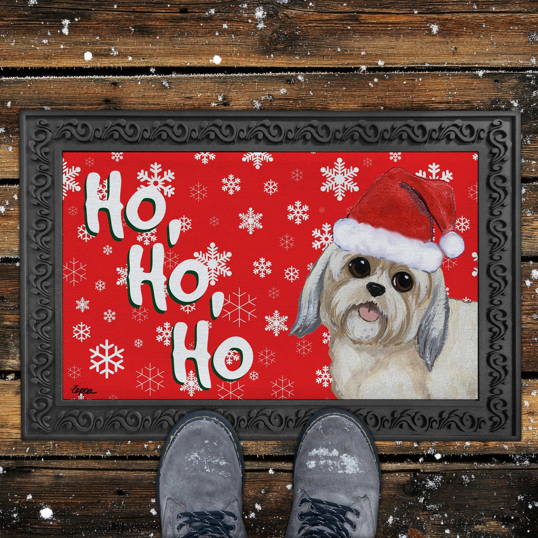 Lhasa Apso Puppy Clip Ho Ho Ho Door Mat in Red