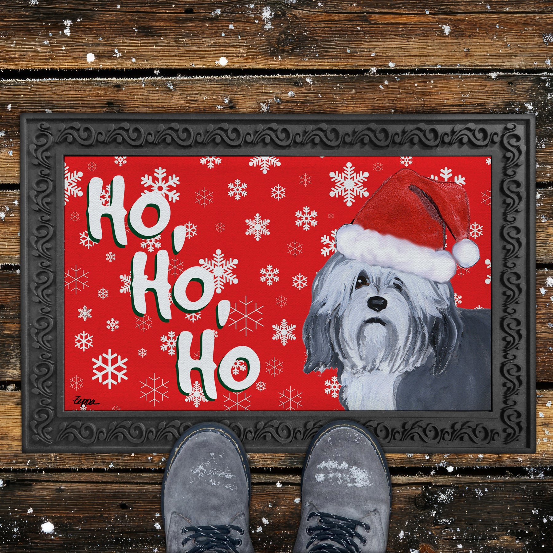Lowchen Ho Ho Ho Door Mat in Red