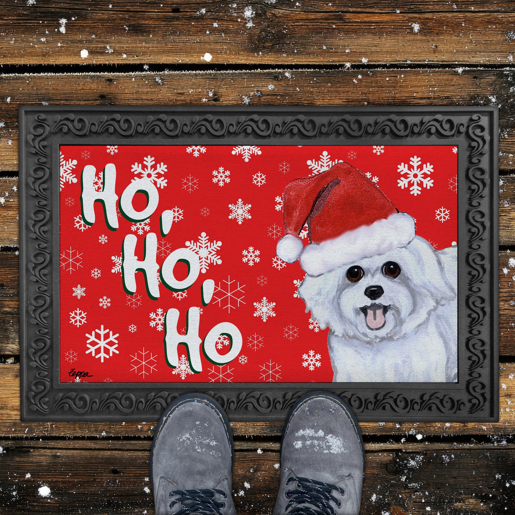 Puppy Clip Maltese Ho Ho Ho Door Mat in Red