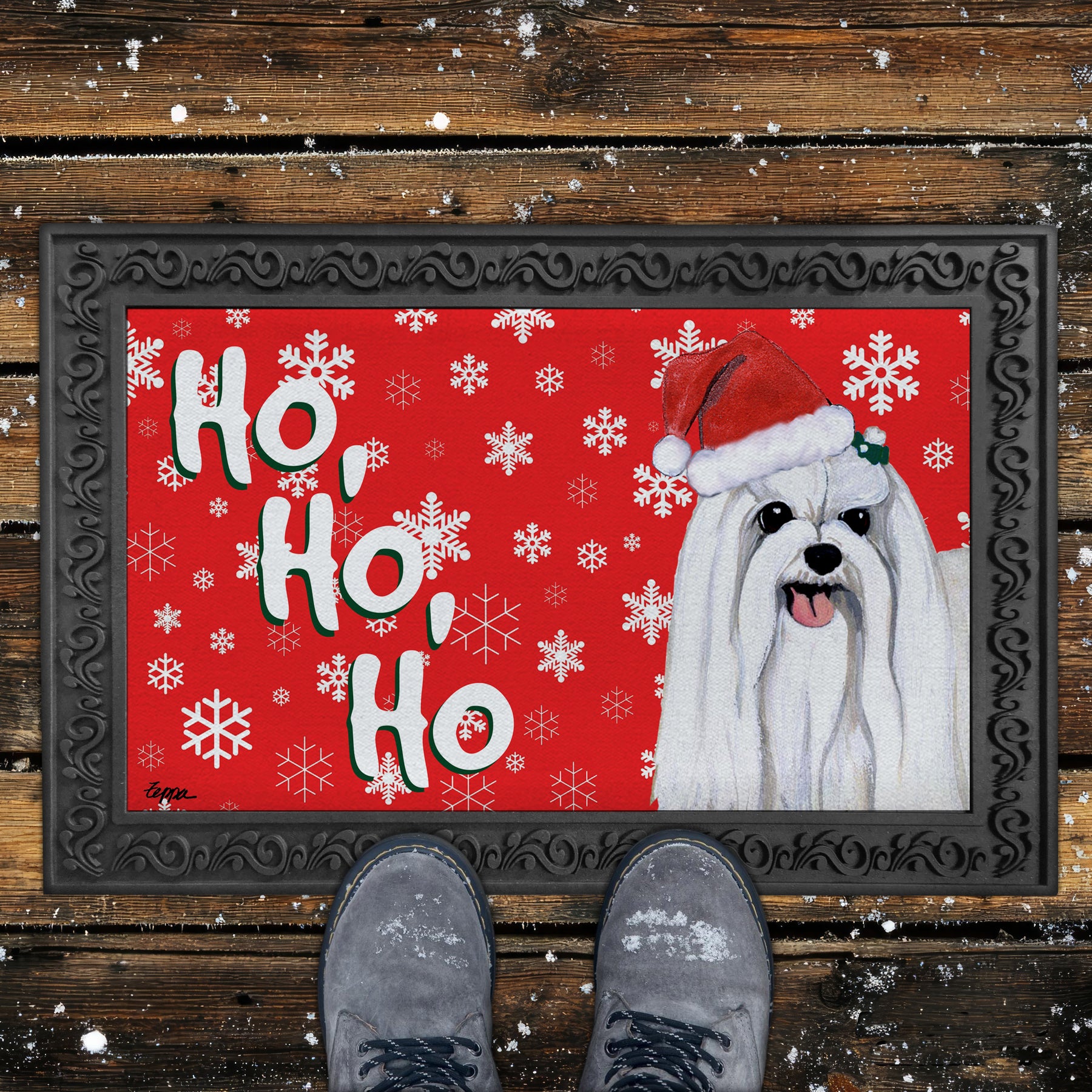 Maltese Ho Ho Ho Door Mat in Red
