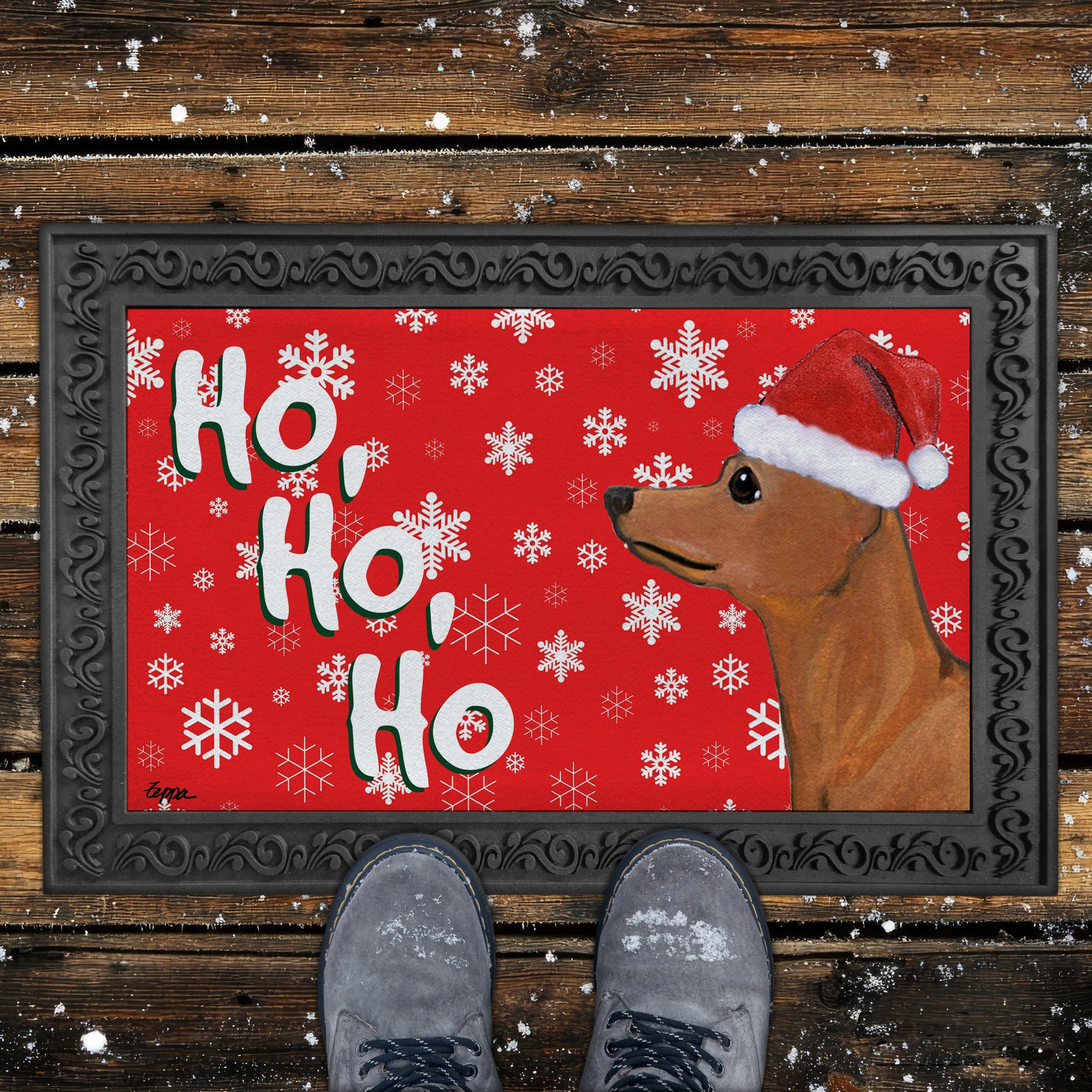 Red Miniature Pinscher Ho Ho Ho Door Mat in Red