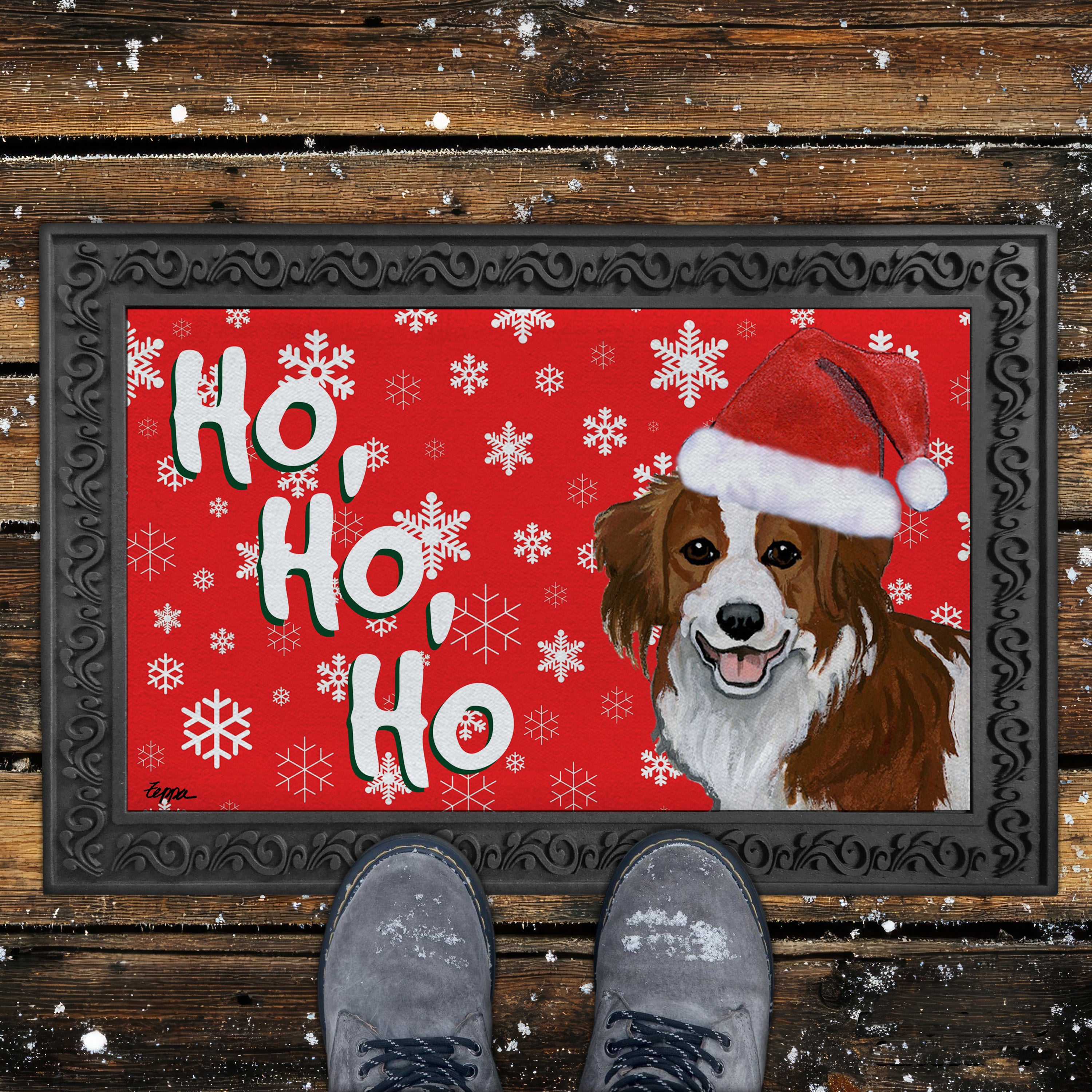 Nederlandse Kooikerhondje Ho Ho Ho Door Mat in Red
