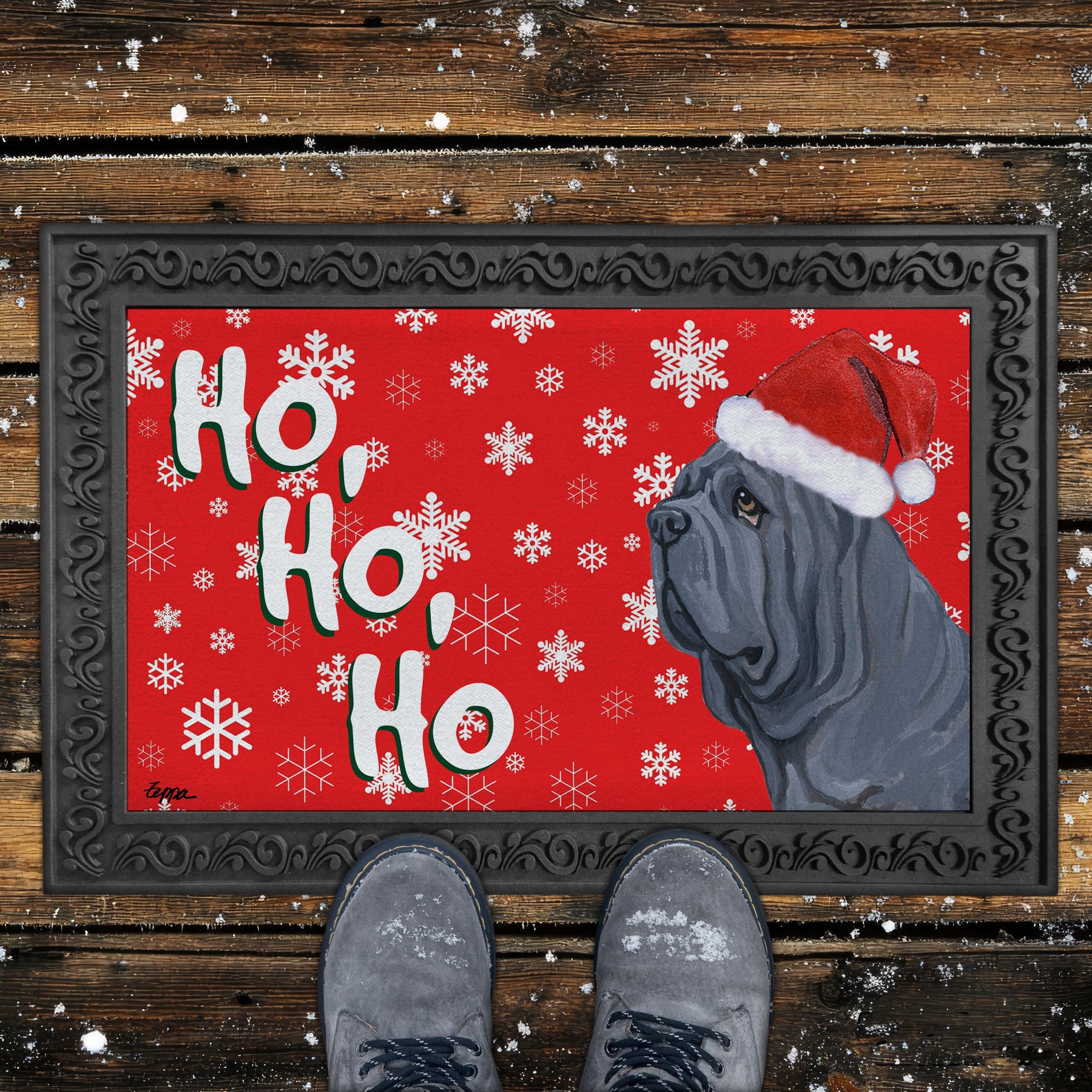 Neopolitan Mastiff Ho Ho Ho Door Mat in Red