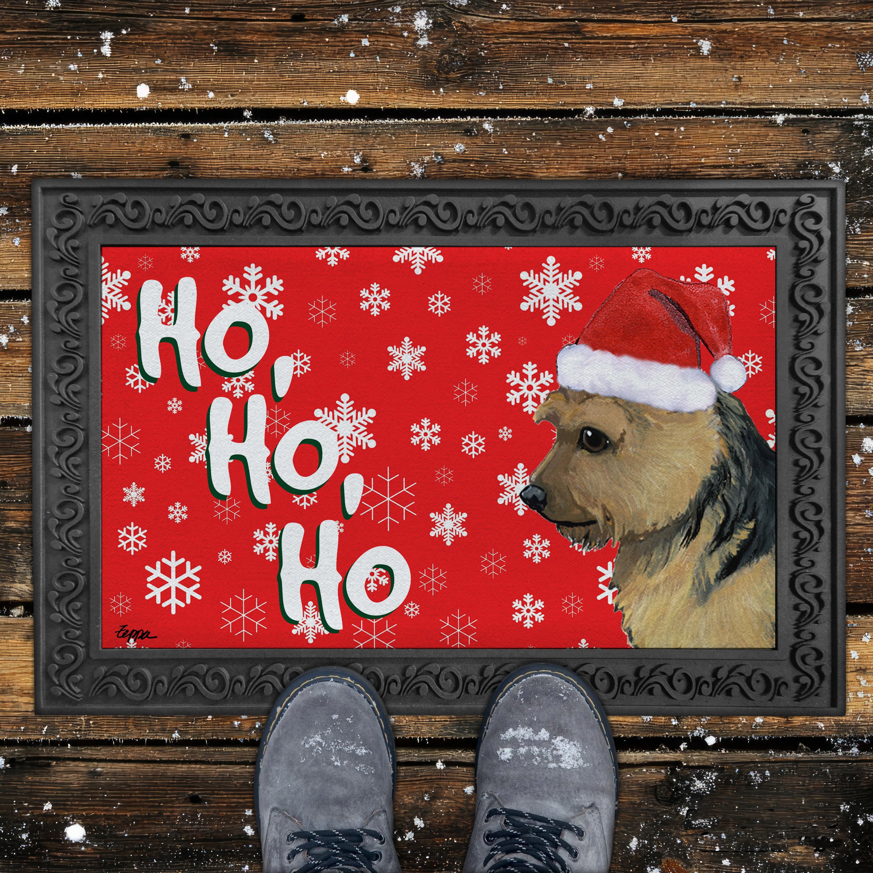 Black and Tan Norwich Terrier Ho Ho Ho Door Mat in Red