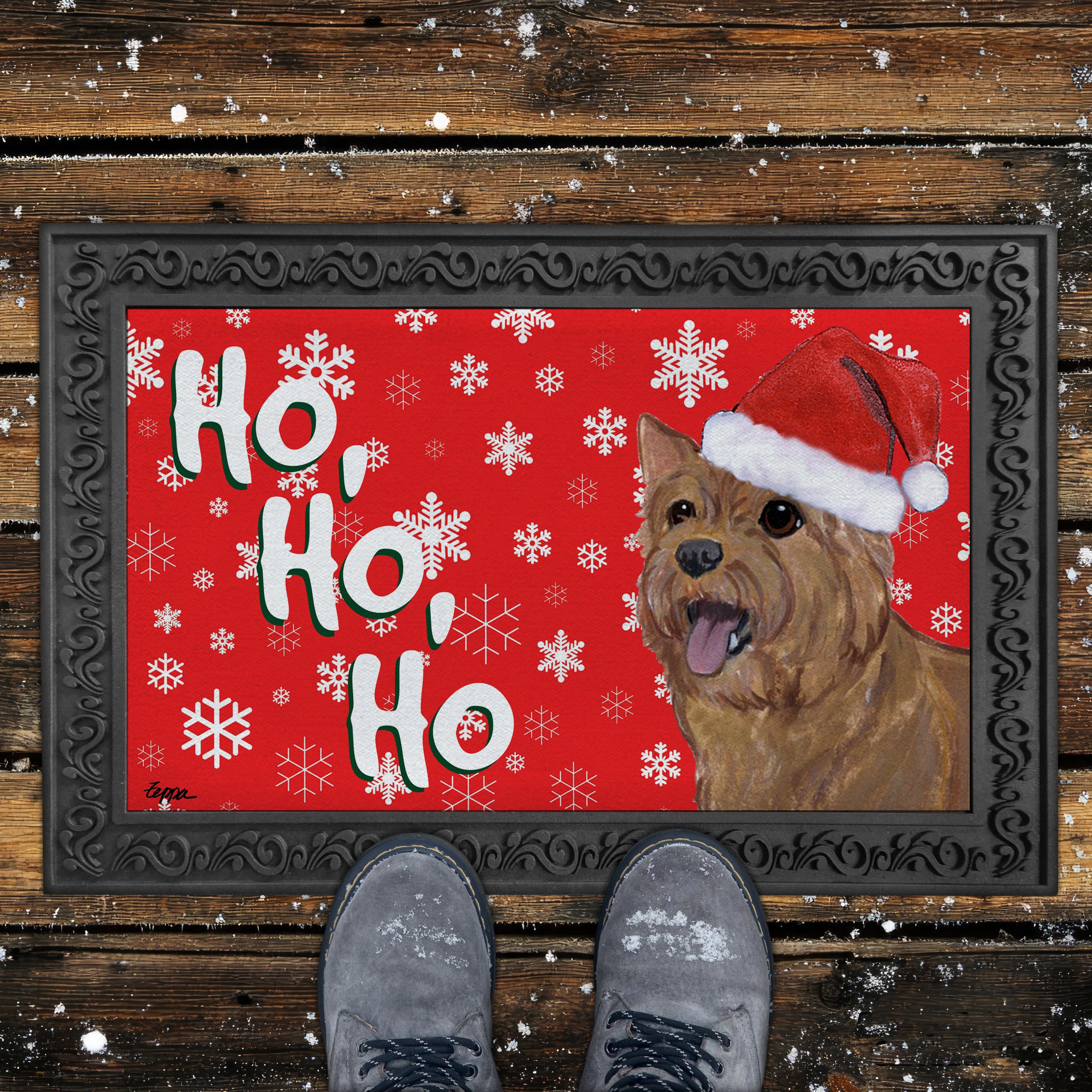 Norwich Terrier Ho Ho Ho Door Mat in Red